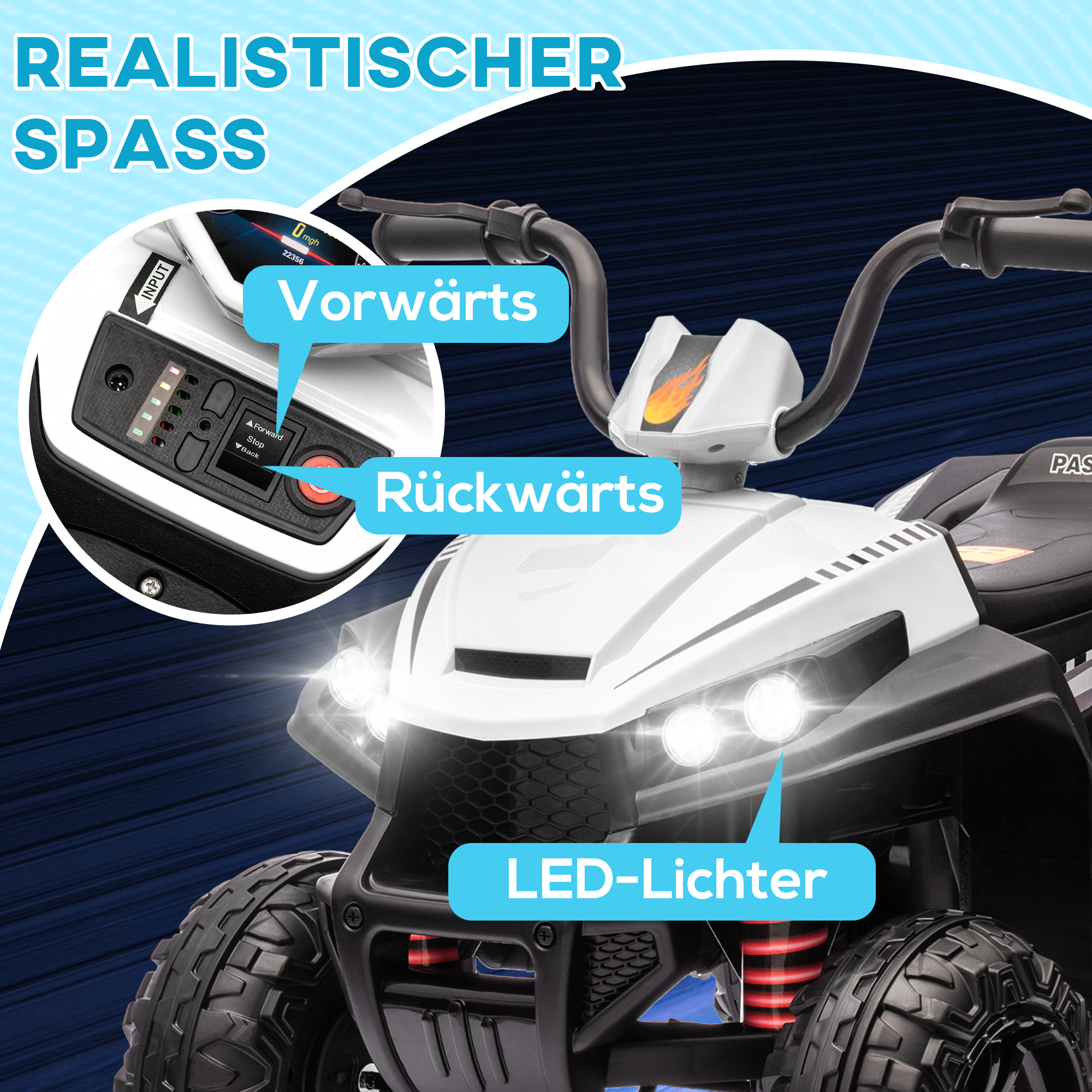 Elektro-Kinderquad, Licht & Musik, Federung, 5 km/h, 50 Min. Fahrzeit, für 3-5 Jahre, Weiß