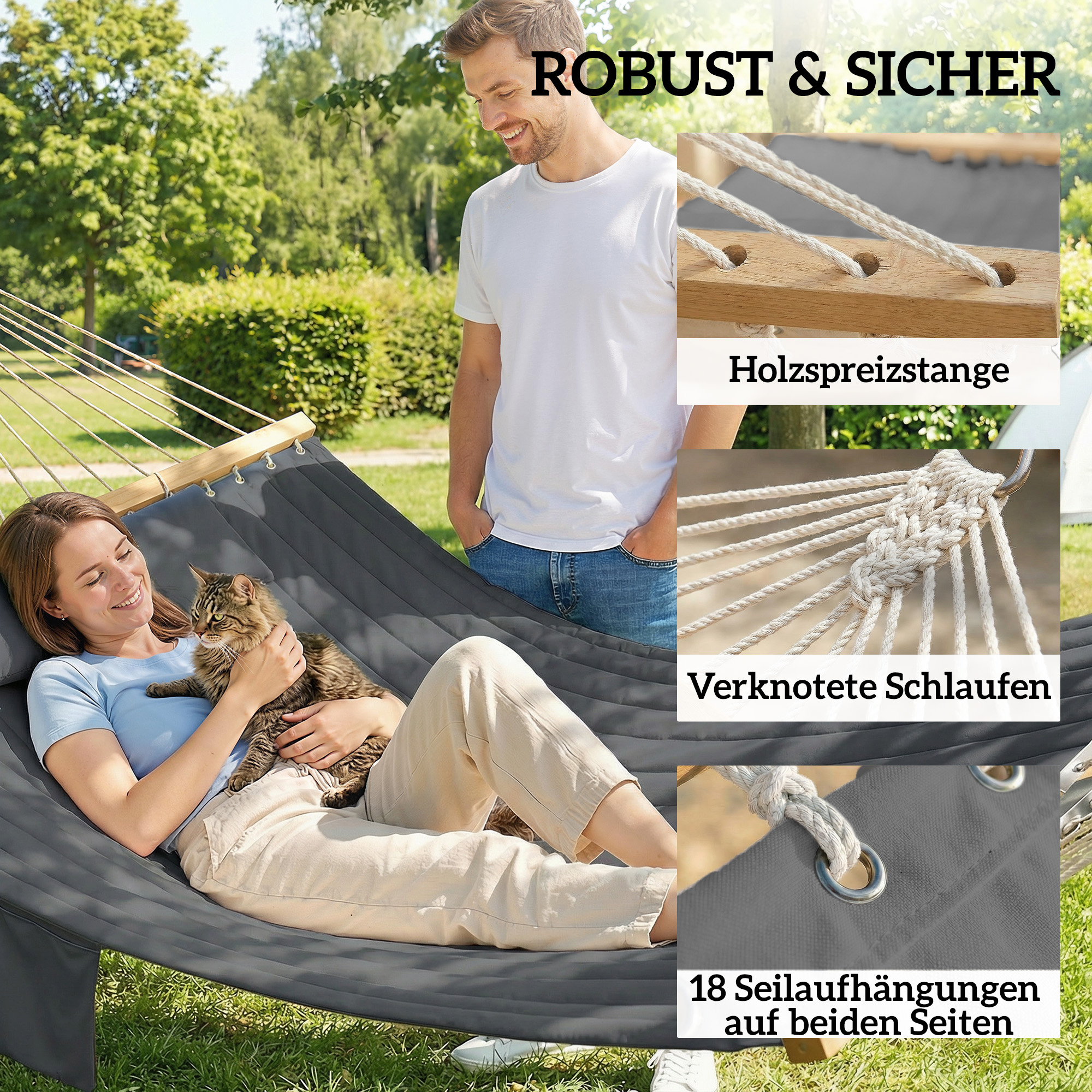 Hängematte Outdoor 200x140cm, zweilagig Hängematte mit Kopfstütze Magazintasche Holzstäbe bis 200kg