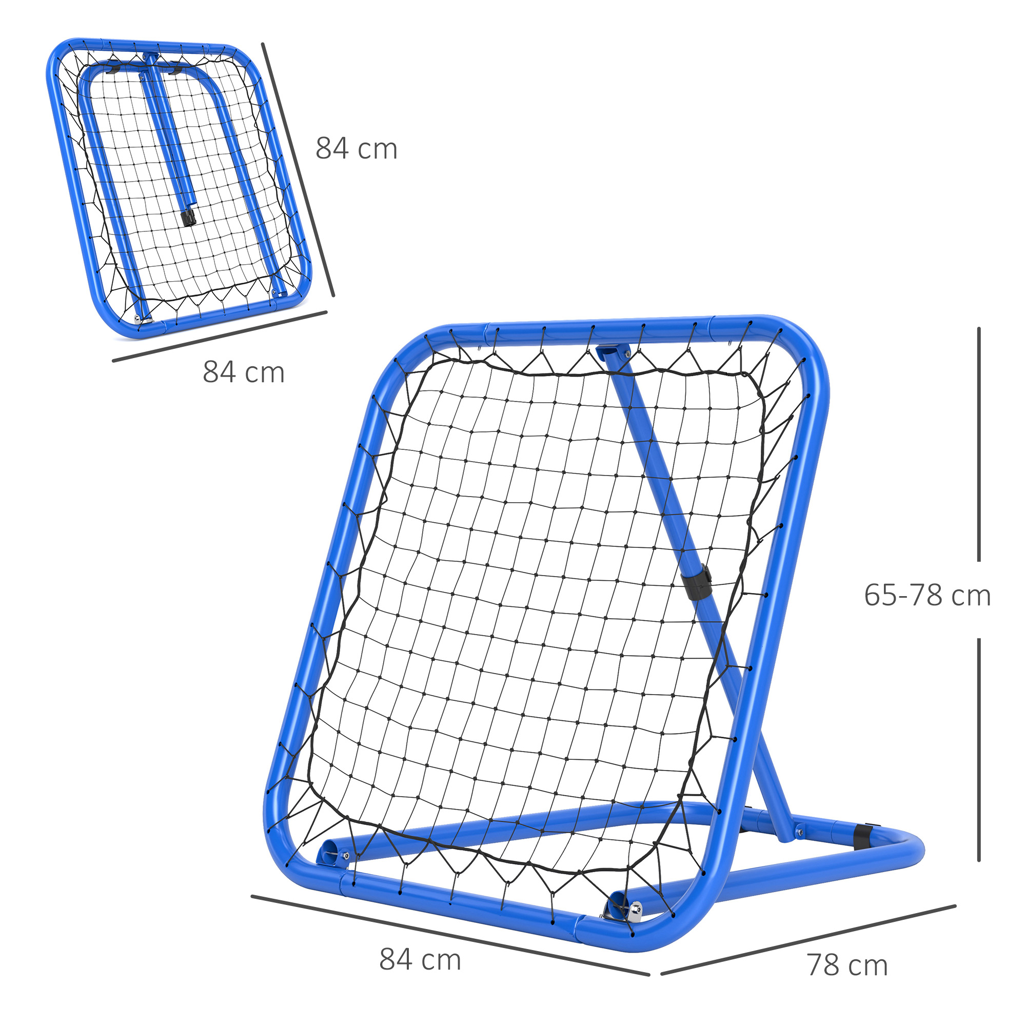 Fußball Rebounder-Netz, klappbar, Rückprallwand, Verstellbar in 5 Stufen, Metall, 78 x 84 x 65-78 cm, Blau