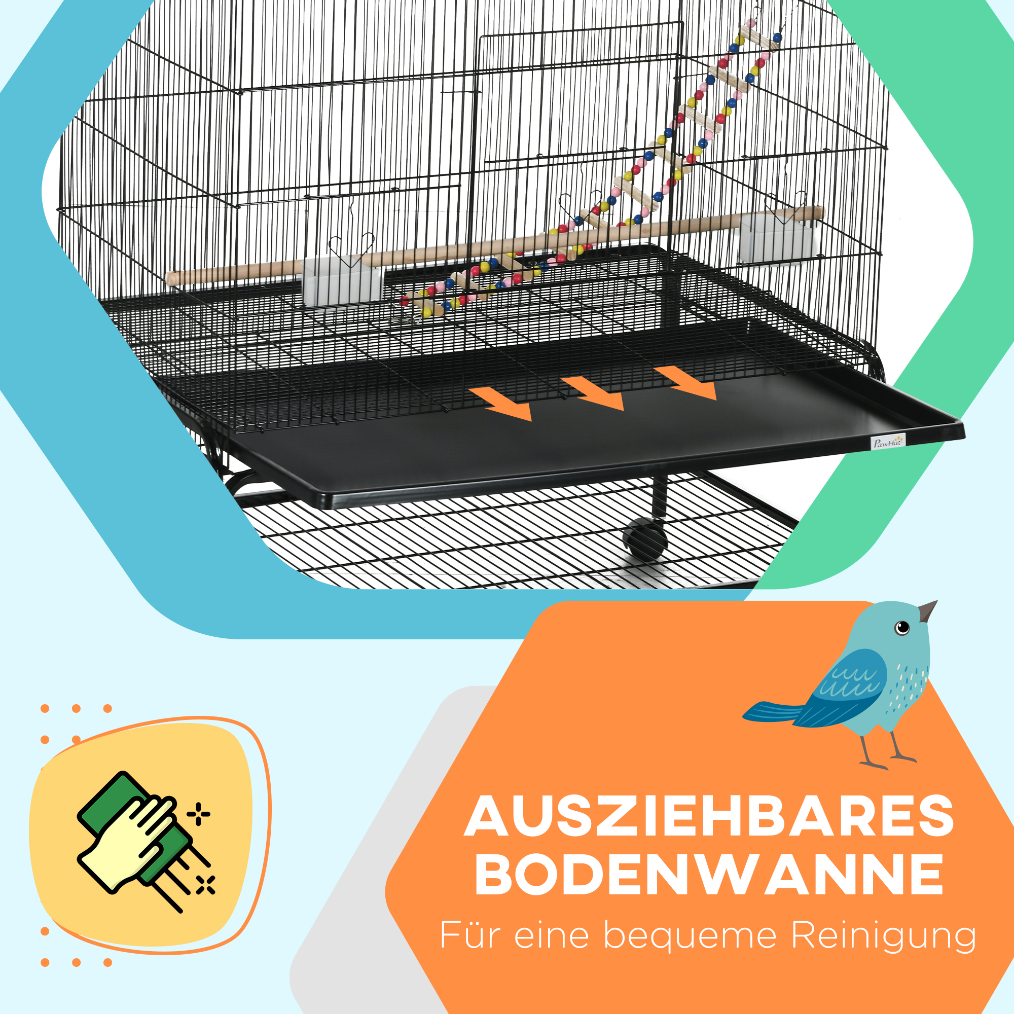 Vogelkäfig inklusive Sitzstangen, Vogelspielzeug, herausnehmbare Bodenwanne, Schwarz