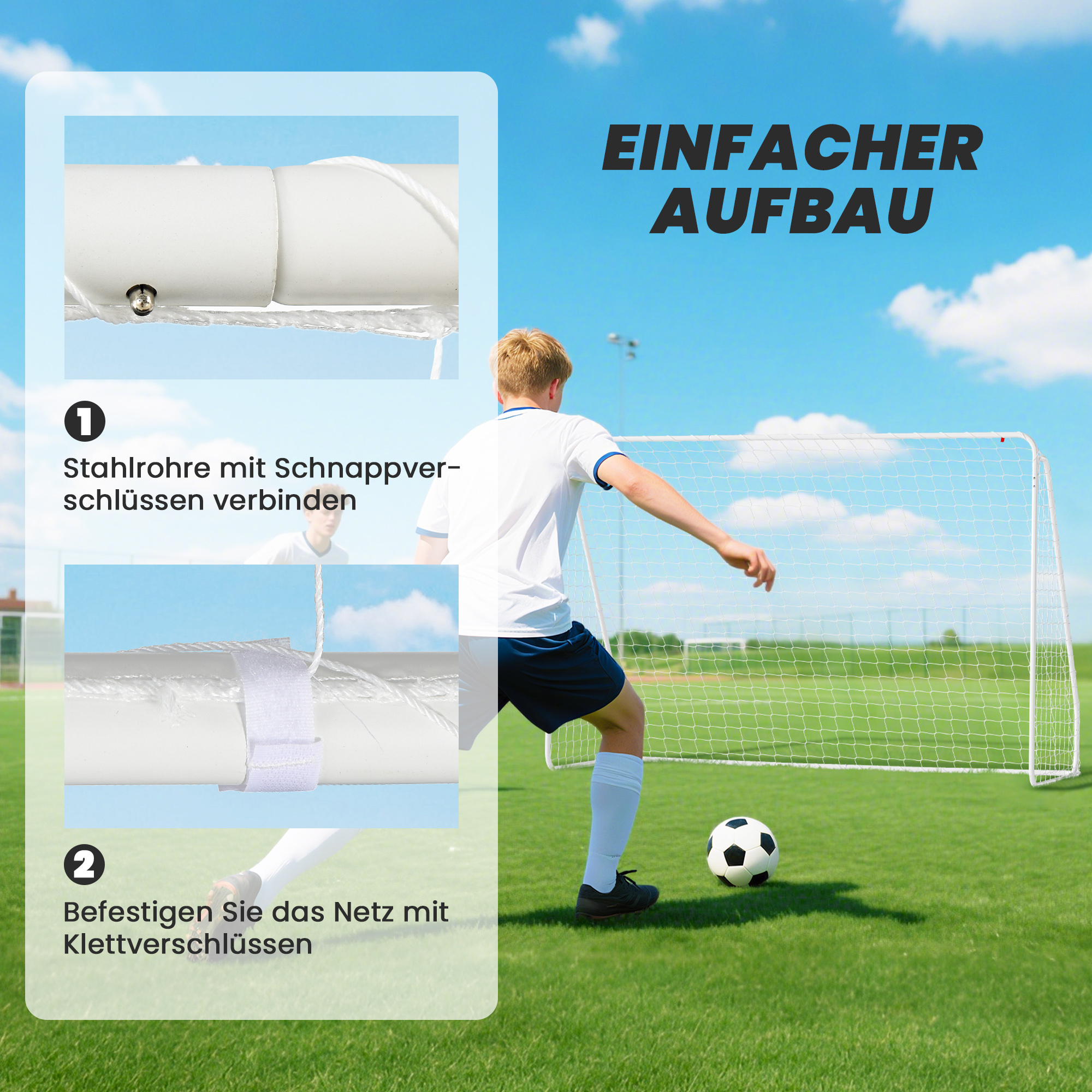 Fußballtor für Spiele & Training, UV-beständig, robust, Bodenverankerungen, Weiß