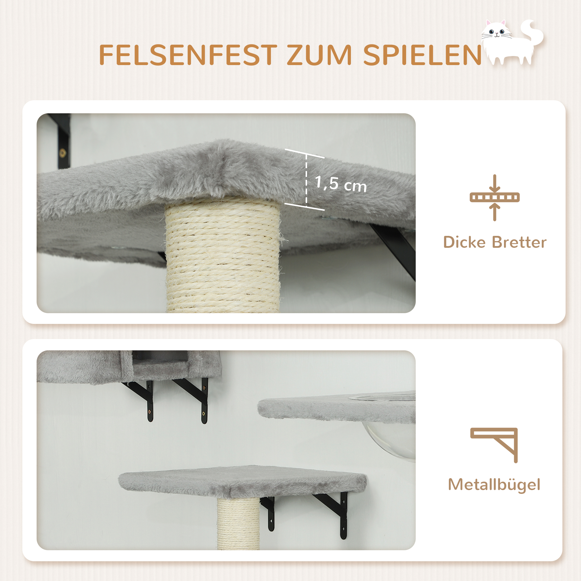 Kletterwand Katzen 7-teilig Katzen Kletterwand Set mit Katzenhaus, Plattform, Plattform Grau