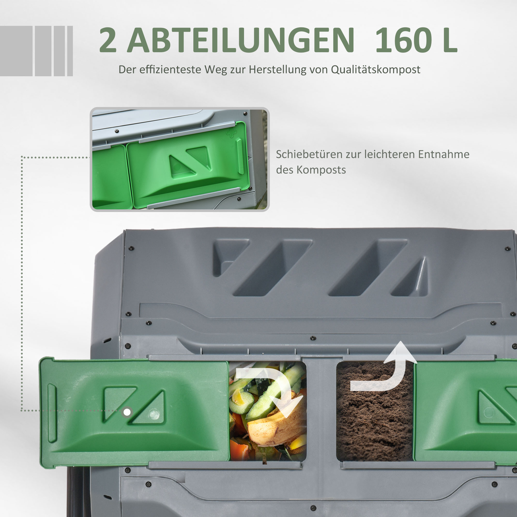 Kompostbehälter mit 2 Behältern, 160 L Fassungsvermögen, drehbar, 71 cm x 65 cm x 96 cm, Grau + Grün + Schwarz