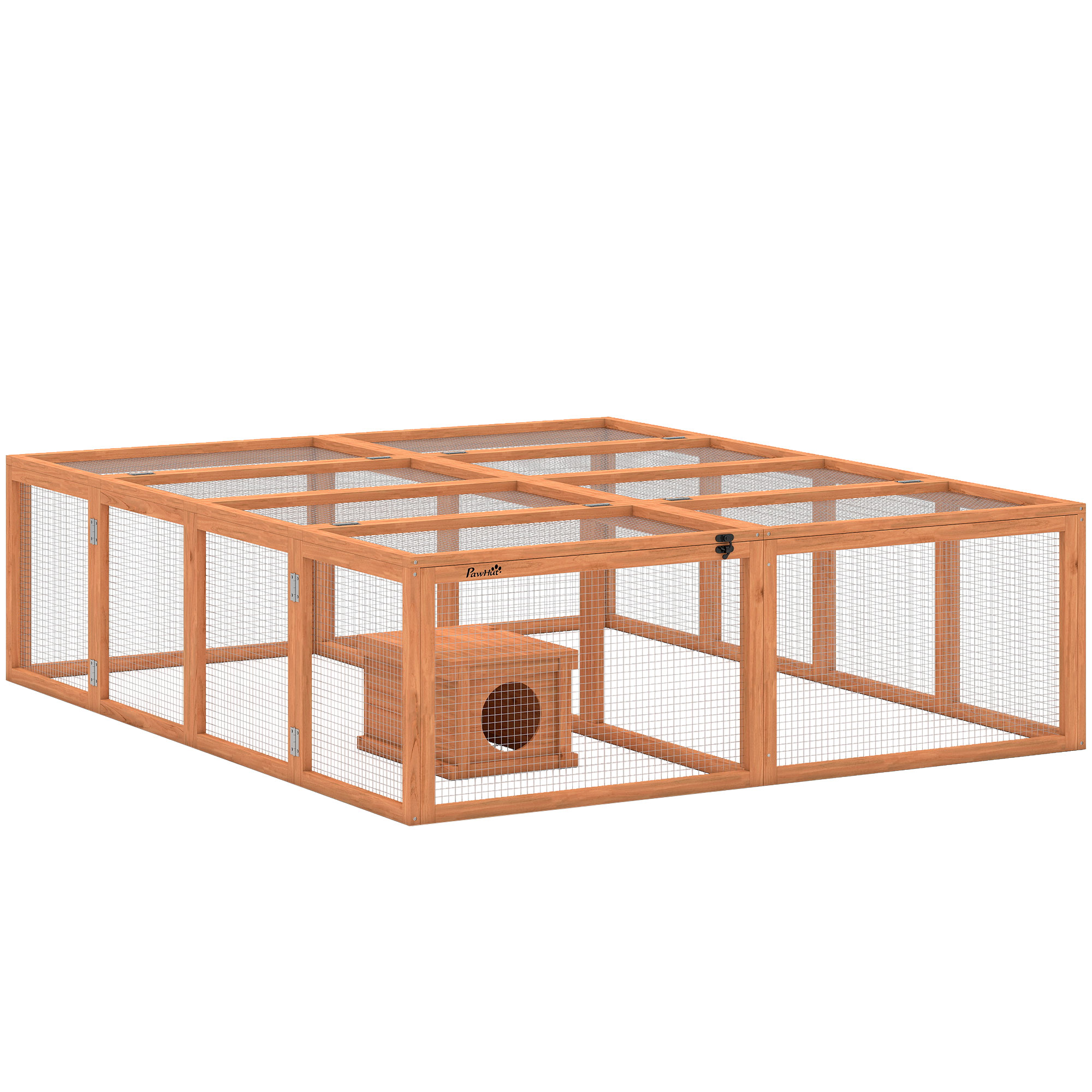 Freilaufgehege Kaninchenstall aus Holz mit 2 Türen Unterschlupfhaus für 2-4 Zwergkaninchen 180,4 x 150 x 48 cm Orange