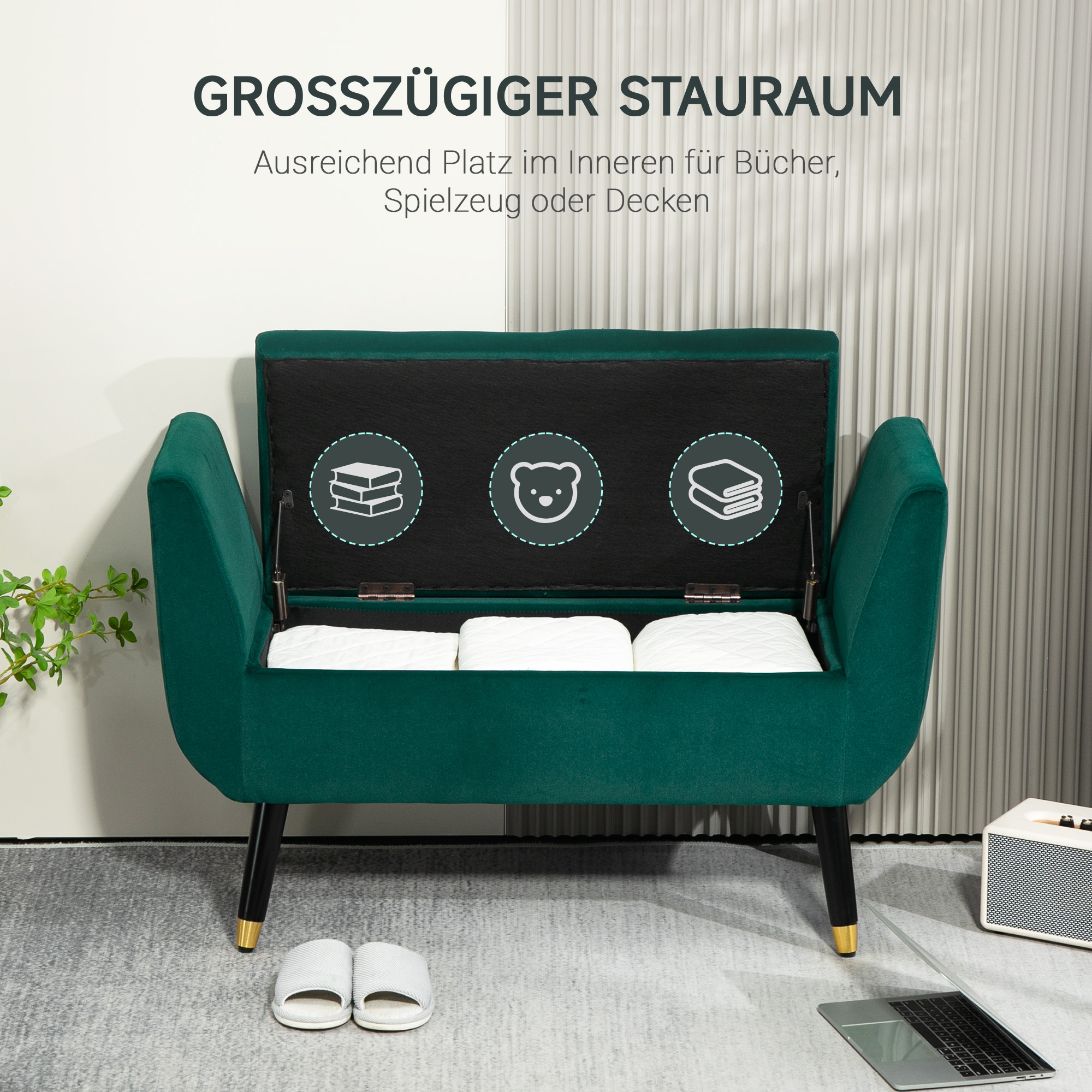 Polsterbank mit Stauraum, Armlehnen, Samtartiges Polyester, Kautschukholz, 107 x 42 x 65 cm, Grün