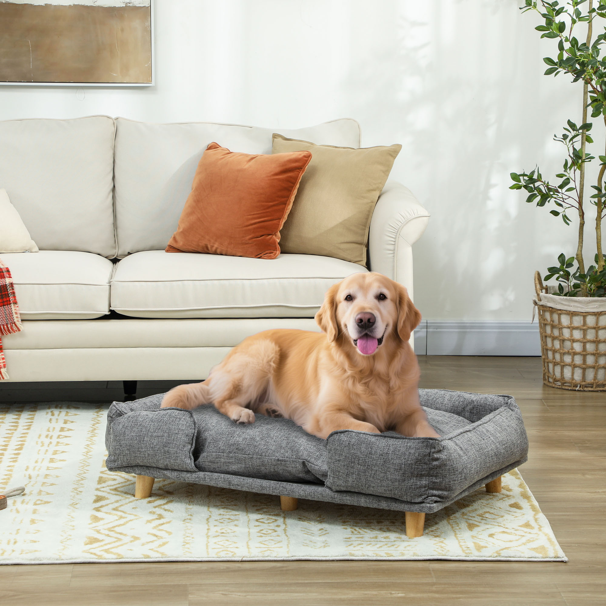 Hundesofa, Haustiersofa, Haustierbett, abnehmbares u. waschbares Polster, Natur+ Dunkelgrau