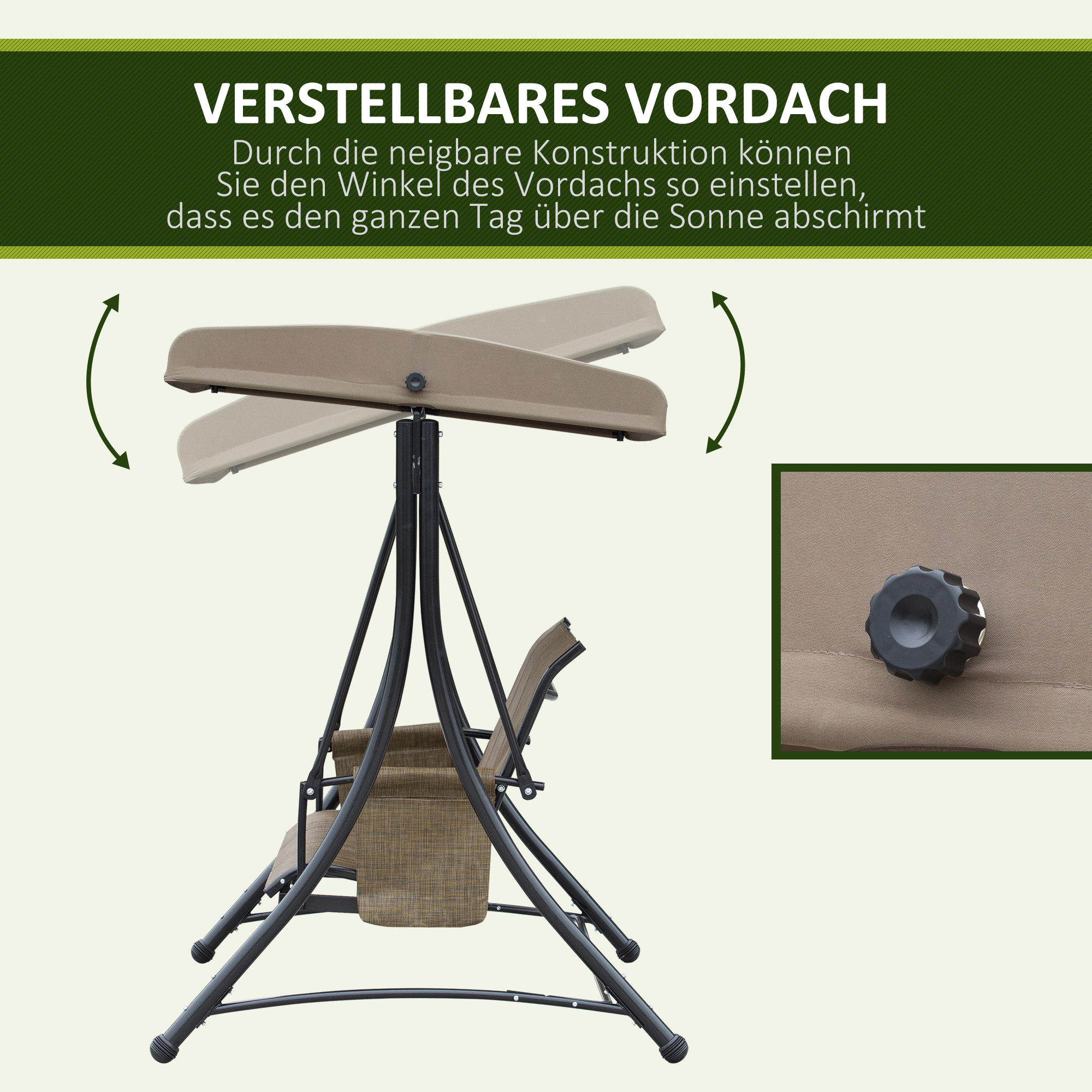 3-Sitzer Hollywoodschaukel, Gartenschaukel mit Sonnendach, Schaukelbank mit Ablage, Aluminium, 196 x 128 x 172 cm, Braun