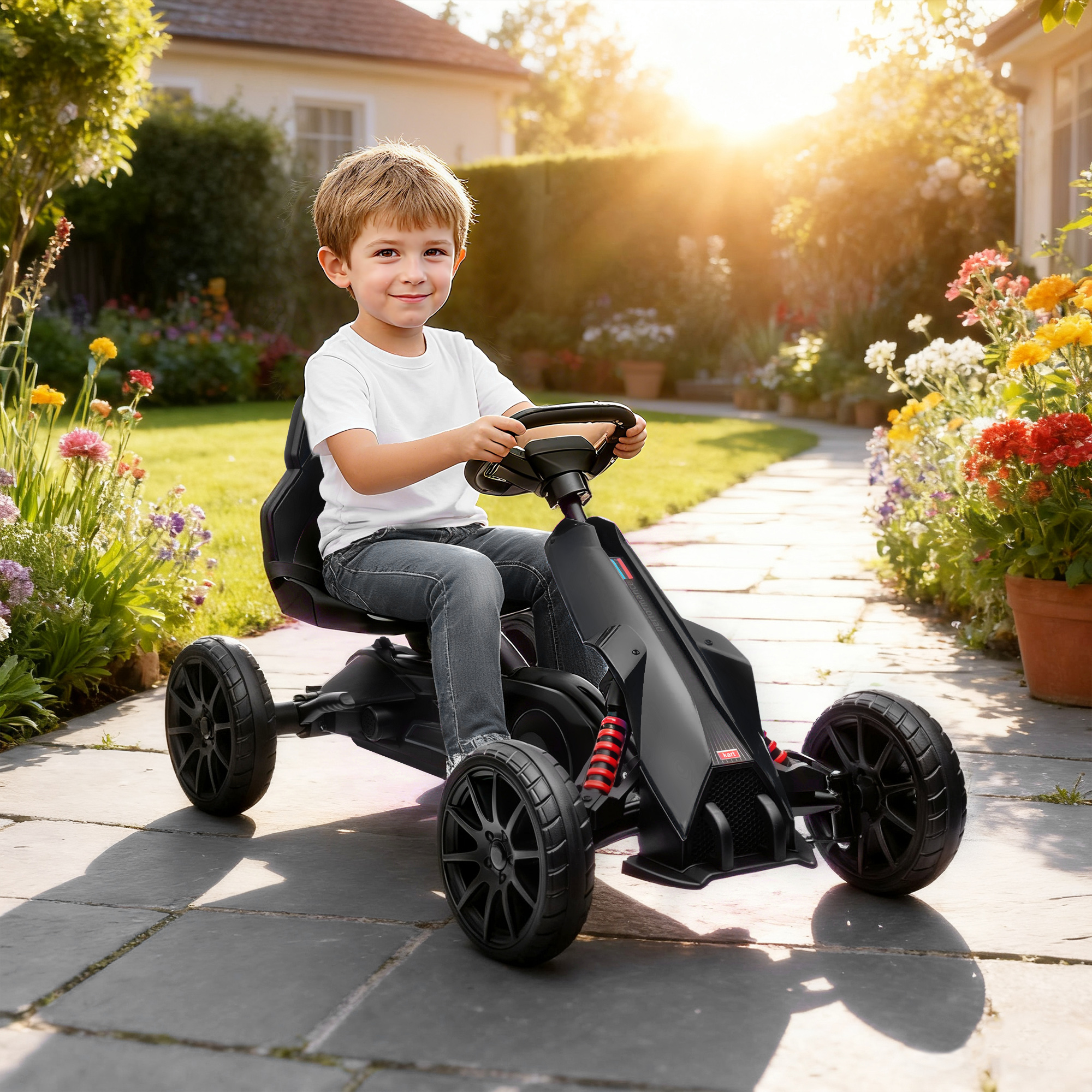 Go-Kart, Kinderfahrzeug mit verstellbarem Sitz, Tretfahrzeug, Tretauto mit Handbremse, 3-8 Jahre, Outdoor, Schwarz