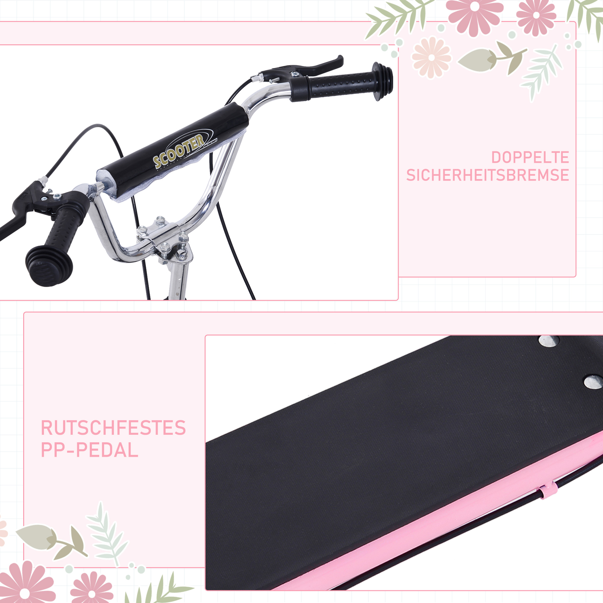 Roller Kinderroller mit Luftreifen Handbremse, 16 Zoll Tretroller Höhenverstellbar Kickscooter für Jungen und Mädchen ab 5 Jahre Kickboard Cityroller Kinder Scooter Rosa