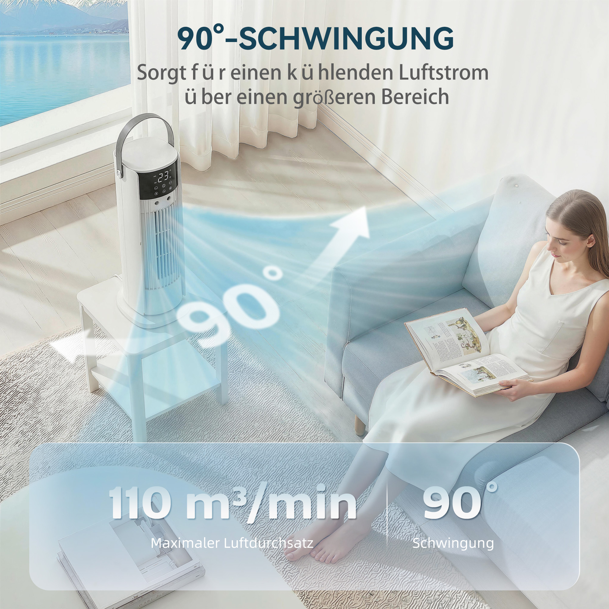 Turmventilator für das Schlafzimmer, 40 cm Tischventilator mit Nebelfunktion, 3 Geschwindigkeiten, 90° Oszillation Timer