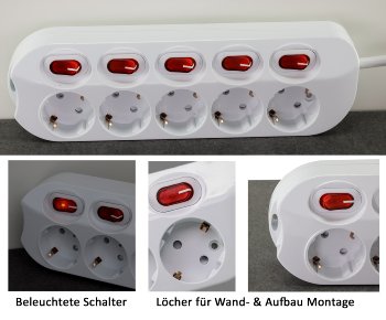 Steckdosenleiste mit Einzelschaltung / 5-fach, weiß, 1,5m Kabel