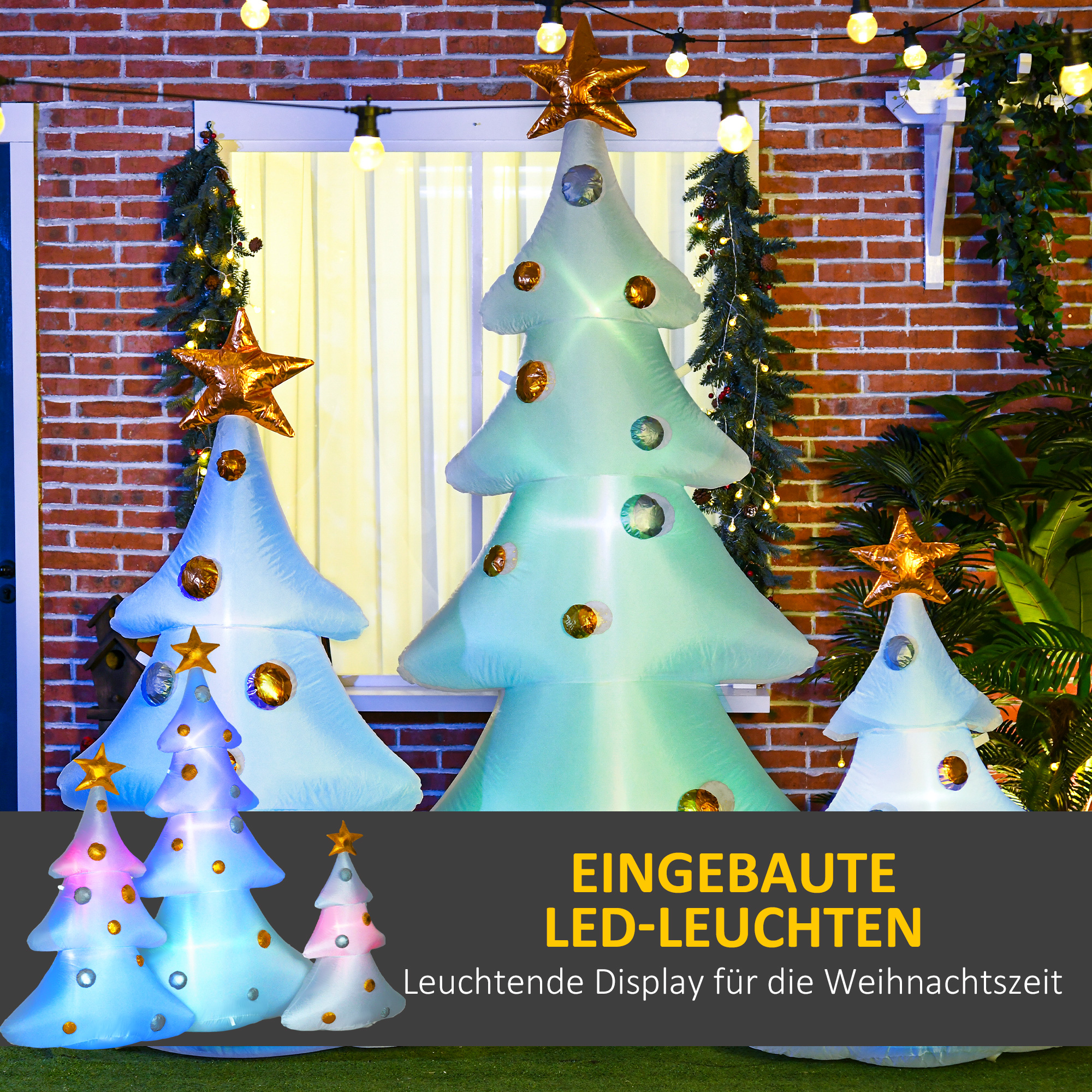 3er-Set aufblasbare Weihnachtsbäume, inkl. Gebläse, In- und Outdoor, inkl. Befestigungsmaterial, Weiß+Gold
