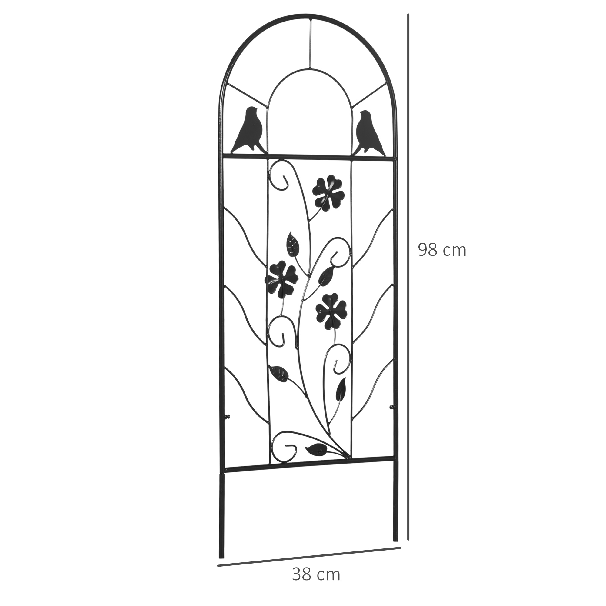 2er-Set Metallspalier, mit Vogel- und Kleeverzierung, für Garten & Terrasse, schwarz, 38 x 98 cm