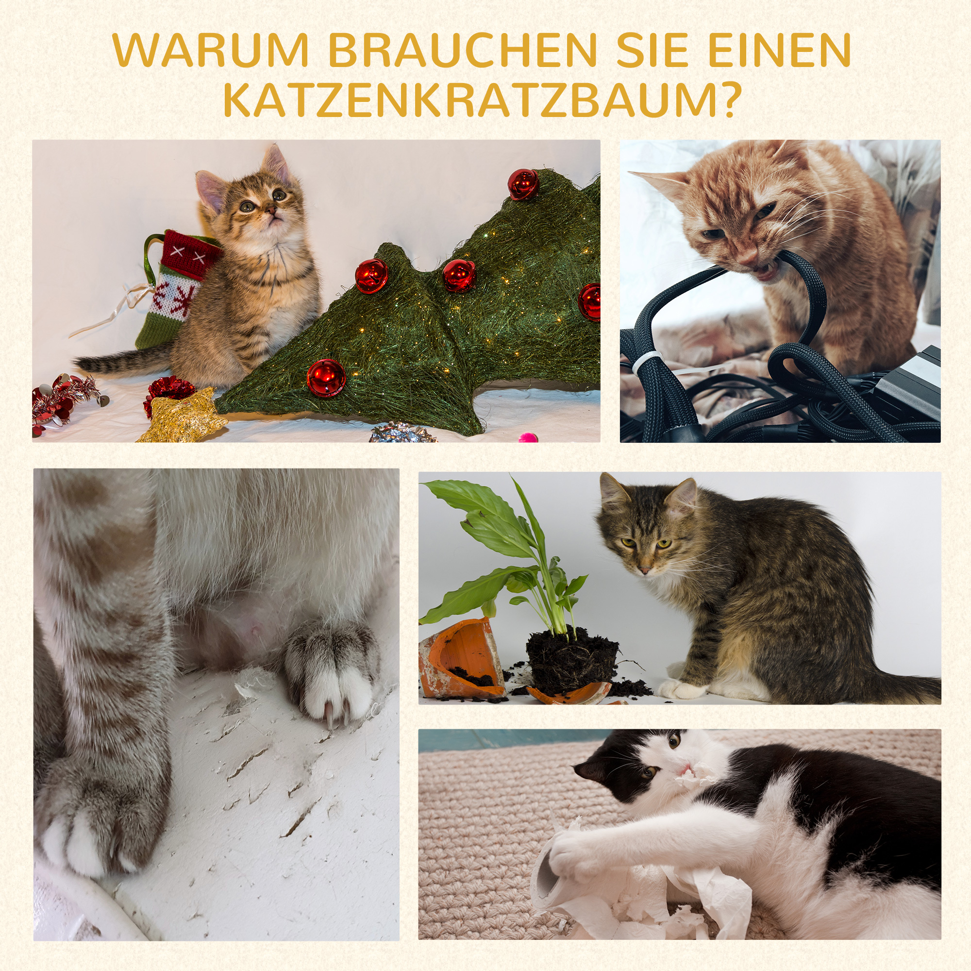 Kratzbaum 81,5 cm Katzenbaum mit Katzenhöhle, Plattformen, Katzenkratzbaum mit Sisal-Kratzsäulen, Spielball, für Katzen bis 4,5 kg, Beige