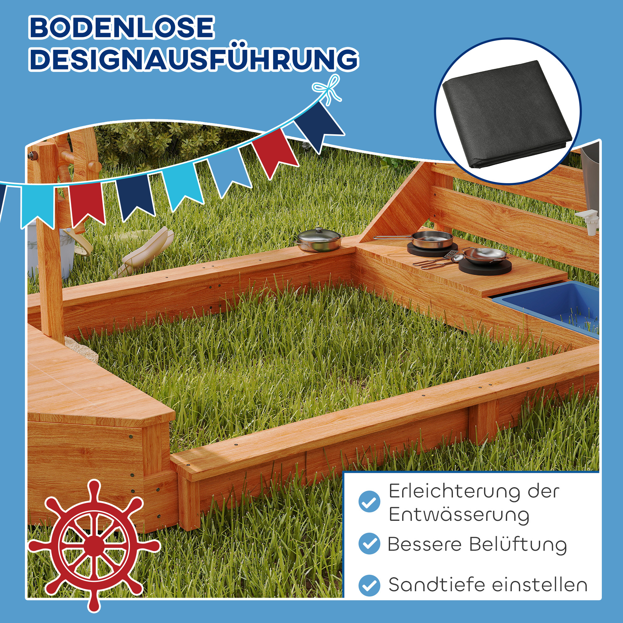 Sandkasten mit Sonnendach Piratenschiff, inkl. Kinderküchenspielset, Massivholz, 180 x 103 x 144,5 cm, Grün