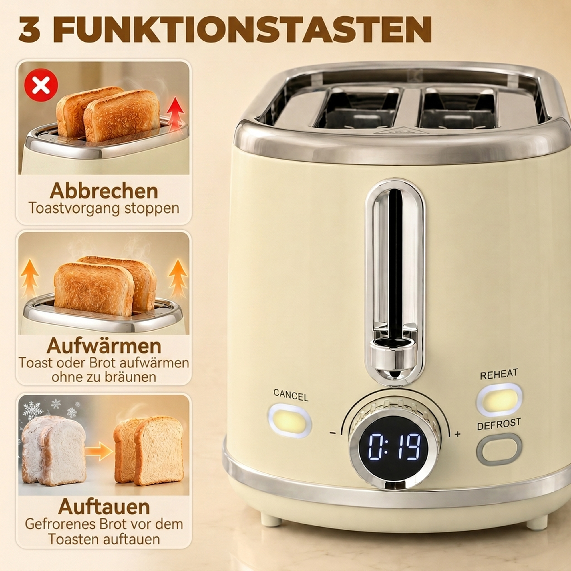 Wasserkocher- und Toaster-Set mit LED-Display, 1,7-L-Wasserkocher mit 3 Std. Warmhaltefunktion, Creme