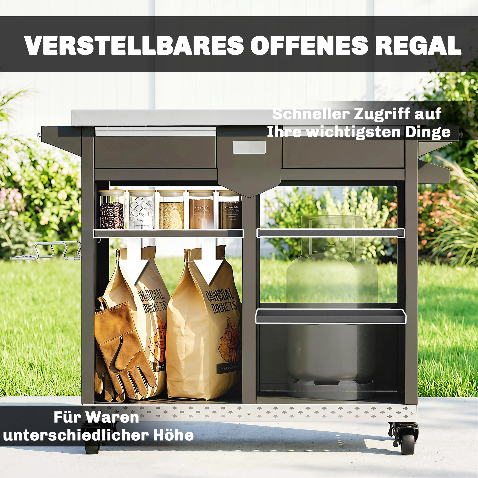 Grillwagen 5-Etagen Grilltisch mit Edelstahl Arbeitsfläche verstellbar Regale Schublade Rollen Gewürzhalter Müllständer