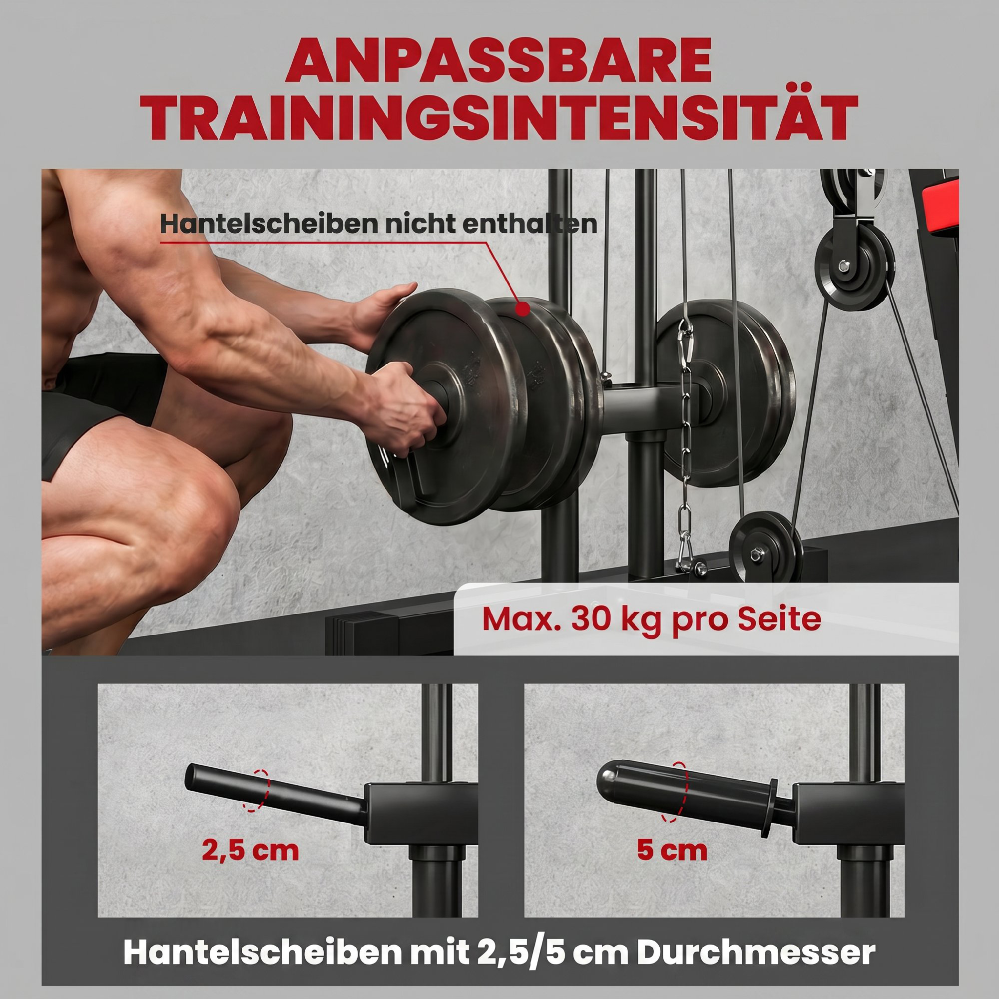 Kraftstation Fitnessstation mit Latzug, Butterflystange, verstellbar Preacher Bank, Beintrainer, bis 120kg Schwarz+Rot