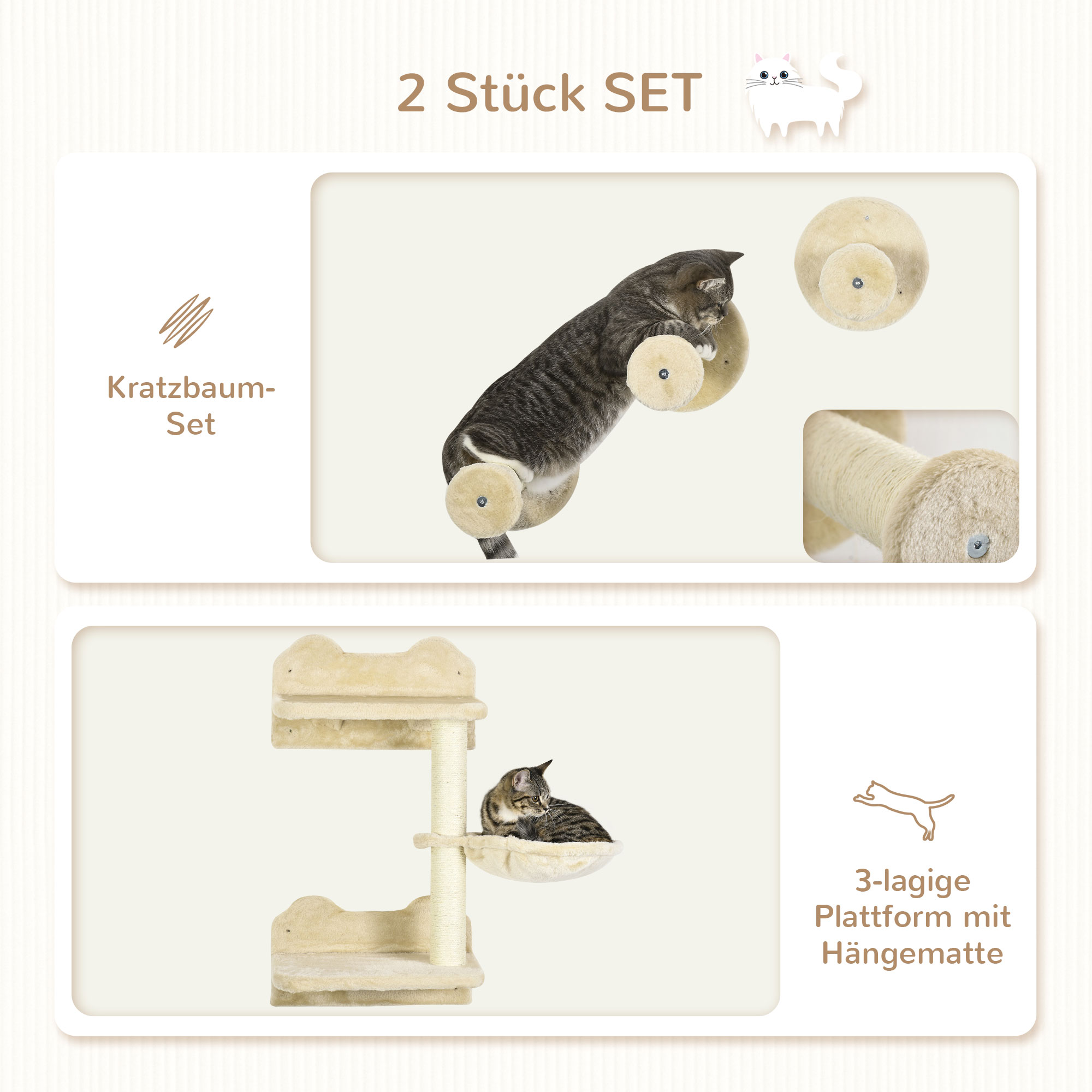 Kletterstufen, Kletterwand, Katzentreppe, 4-tlg. Set, mit Kratzbaum, Hängematte, beige+cremeweiß, 40 x 28 x 73cm