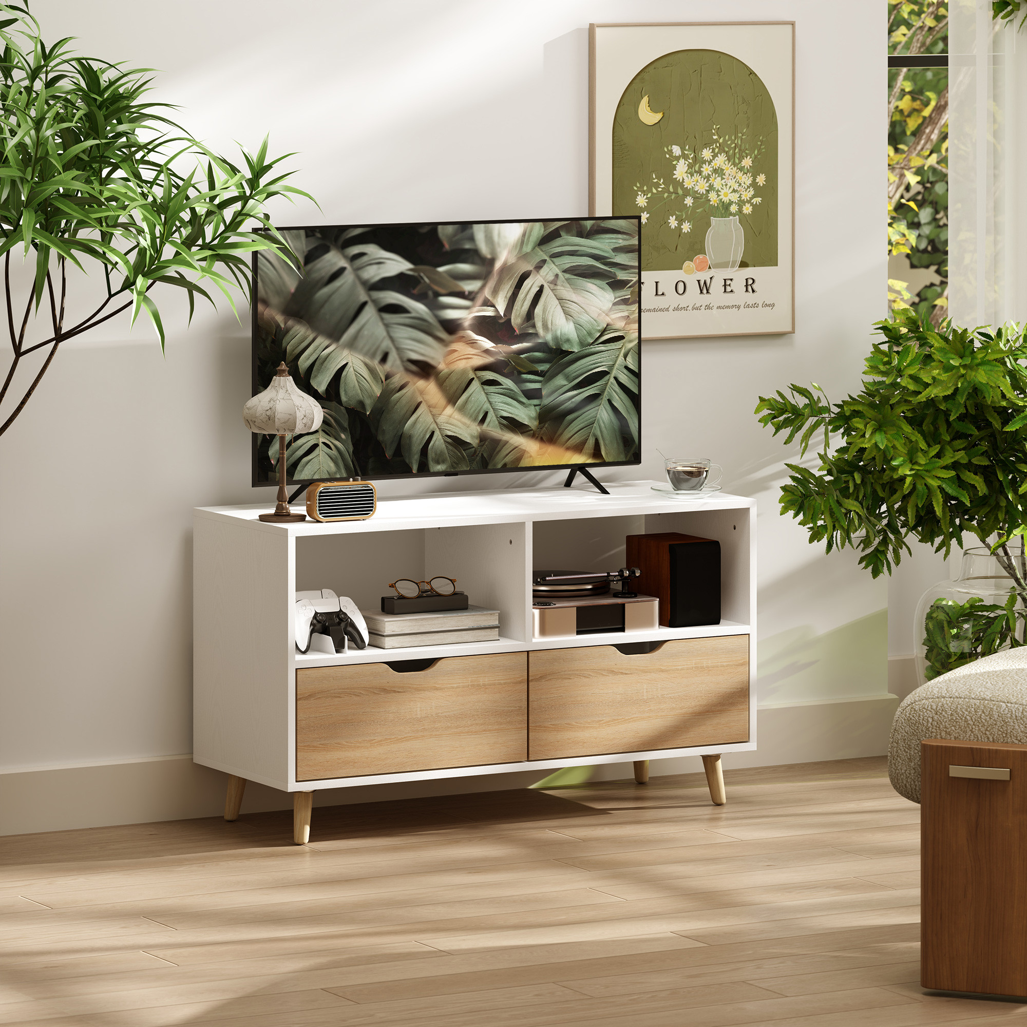 TV-Schrank, TV-Kommode mit Schubladen, Offene Regale, Holz, 99 x 39 x 58 cm, Weiß