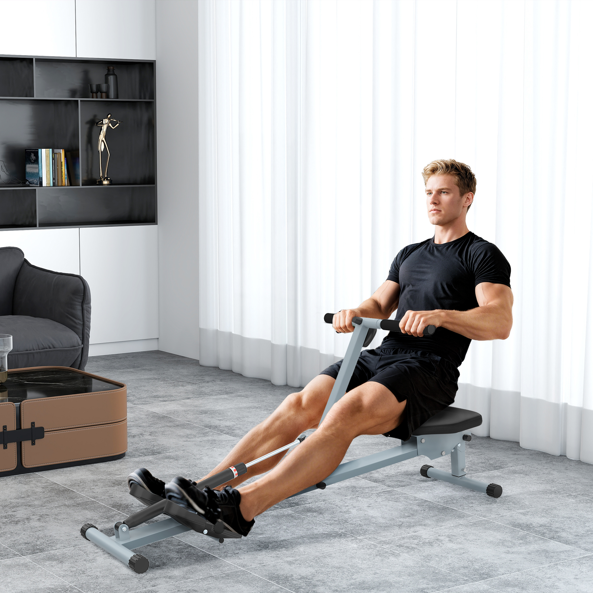 Rudergerät für Zuhause, Hydraulisches Fitness-Rudergerät mit LCD-Display, 12 Widerstandsstufen, Rudermaschine belastbar bis 100kg Fitnessgerät Trainingsgerät für das Ganzkörpertraining