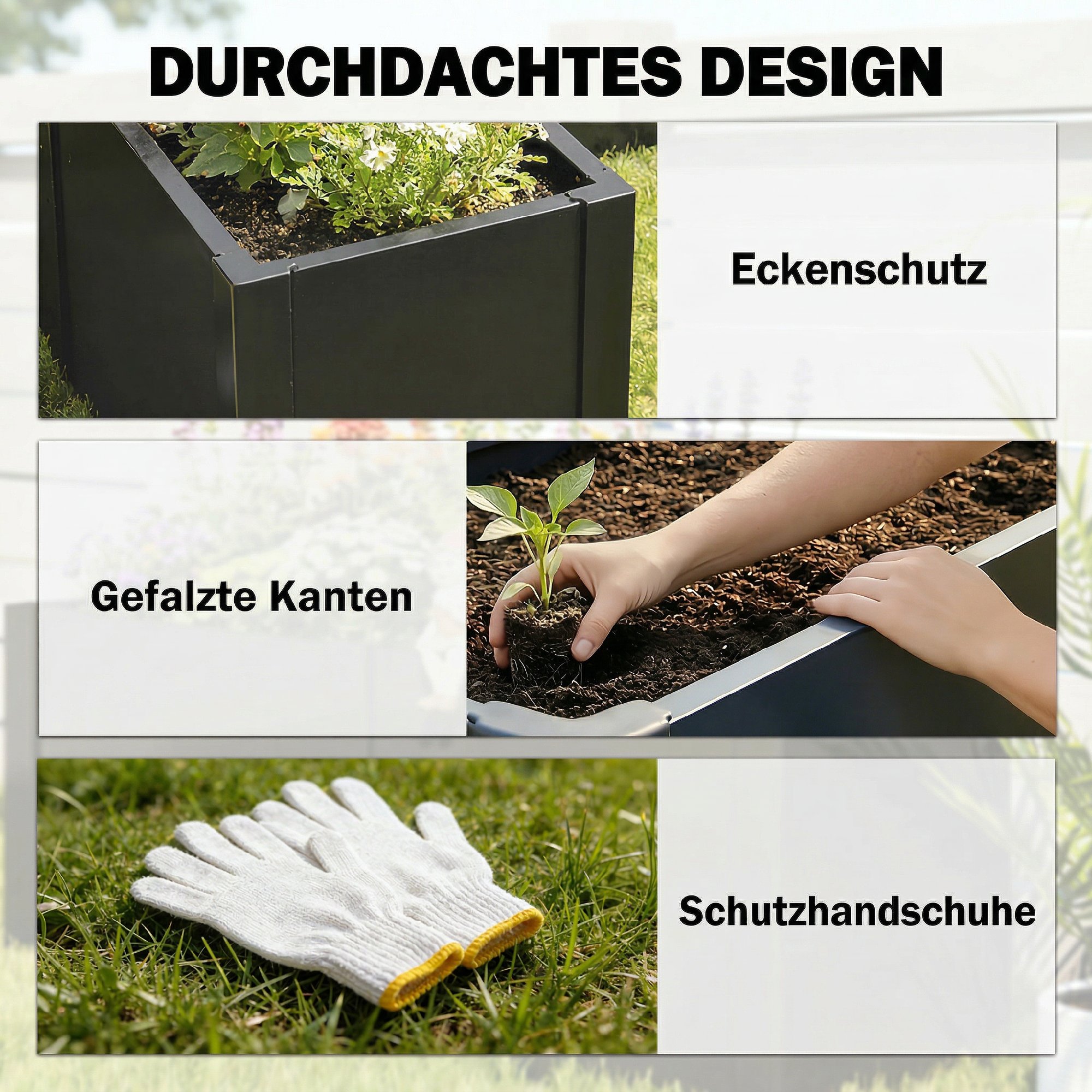 Hochbeet L-förmig Blumenhochbeet witterungsbeständig, Pflanzbeet Frühbeet aus Verzinkter Stahl 150 x 150 x 55 cm Schwarz