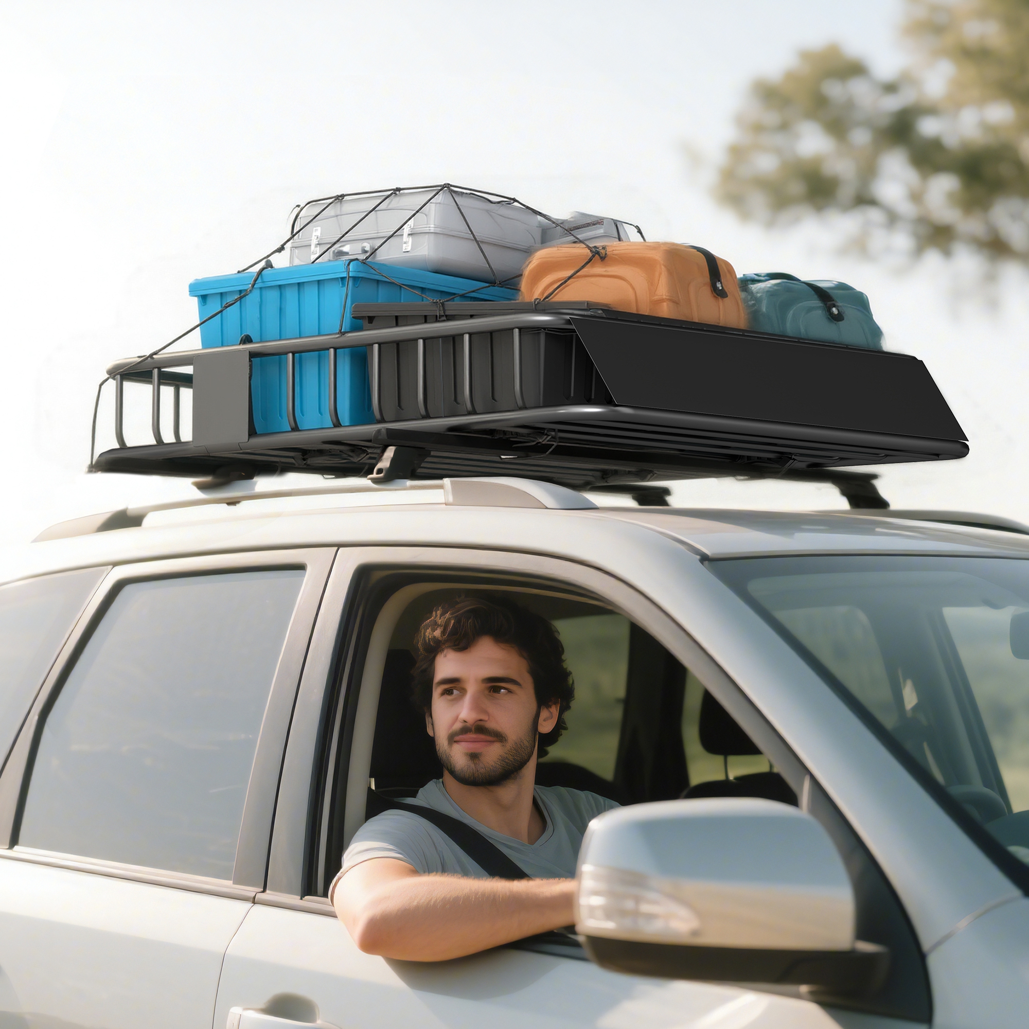 Dachgepäckträger für Autos, Autodach-Korb, 90,7 kg Tragkraft, Dachträger mit Windabweiser, Stahlrohre, Schwarz