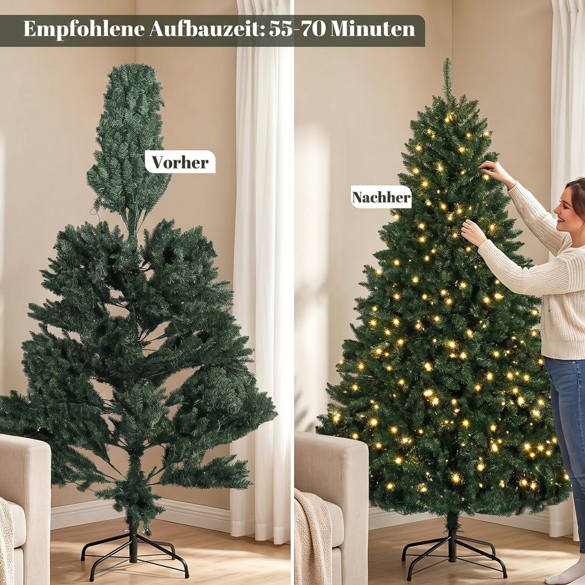 Weihnachtsbaum, 550 warmweiße LEDs, 1494 Zweige, flammhemmend, Kunststoff/Metall, 180 x 112 cm, Grün