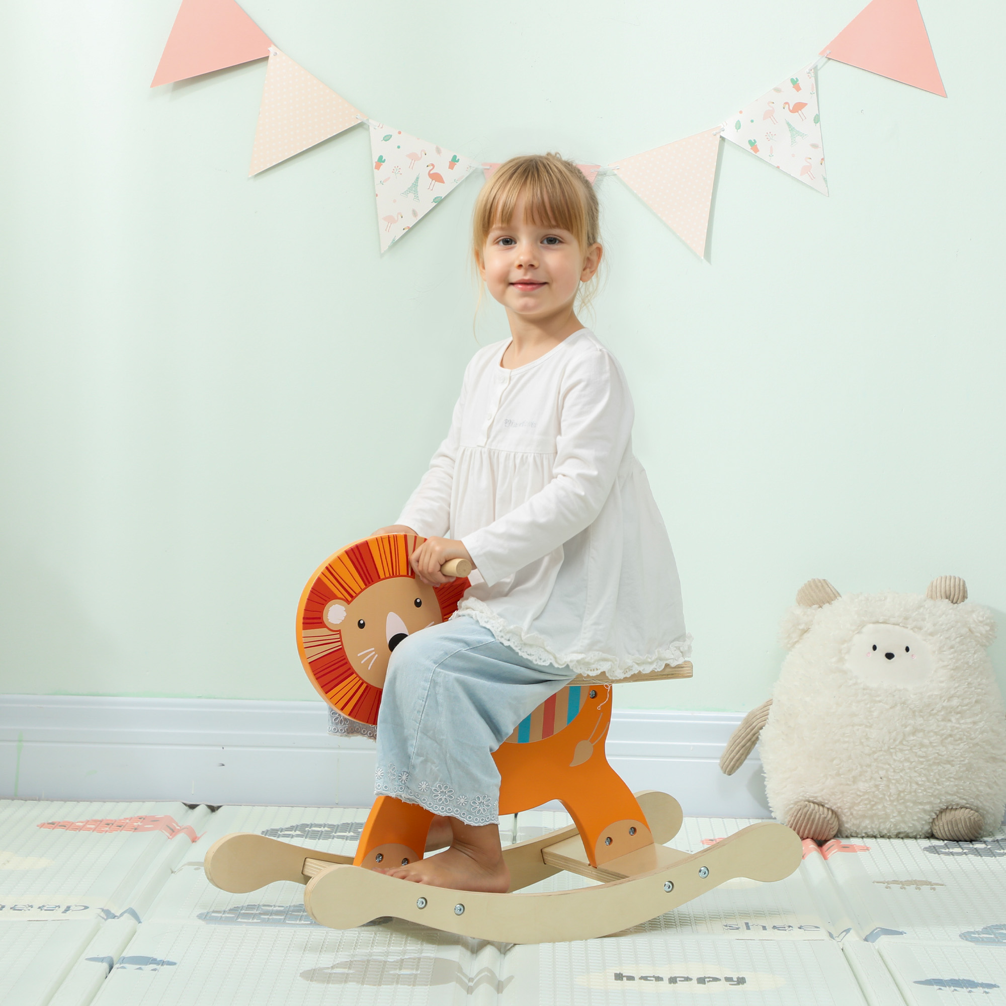 Schaukelpferd mit Löwen-Design, 25 kg Belastbarkeit, 2-5 Jahre, Holz, Orange