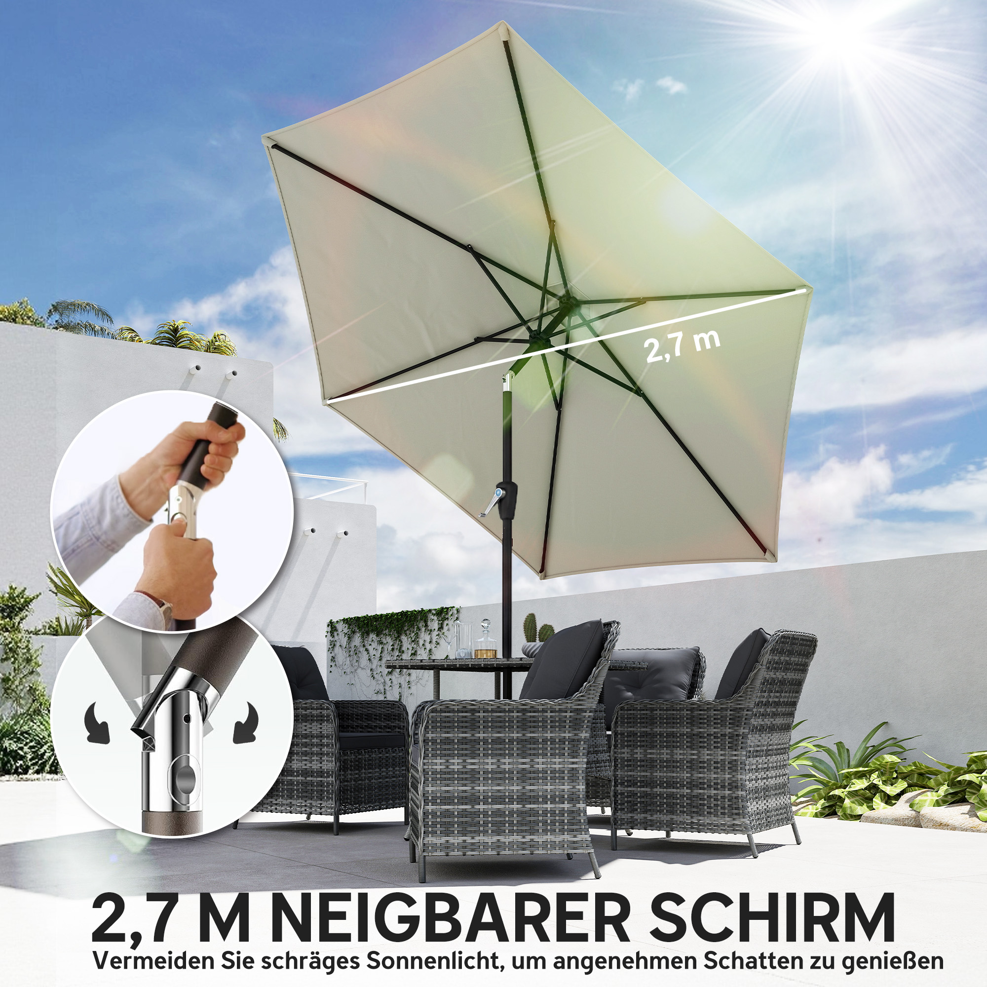 Sonnenschirm 270 cm knickbar Balkonschirm mit Kurbel UV 50+ Gartenschirm Cremeweiß
