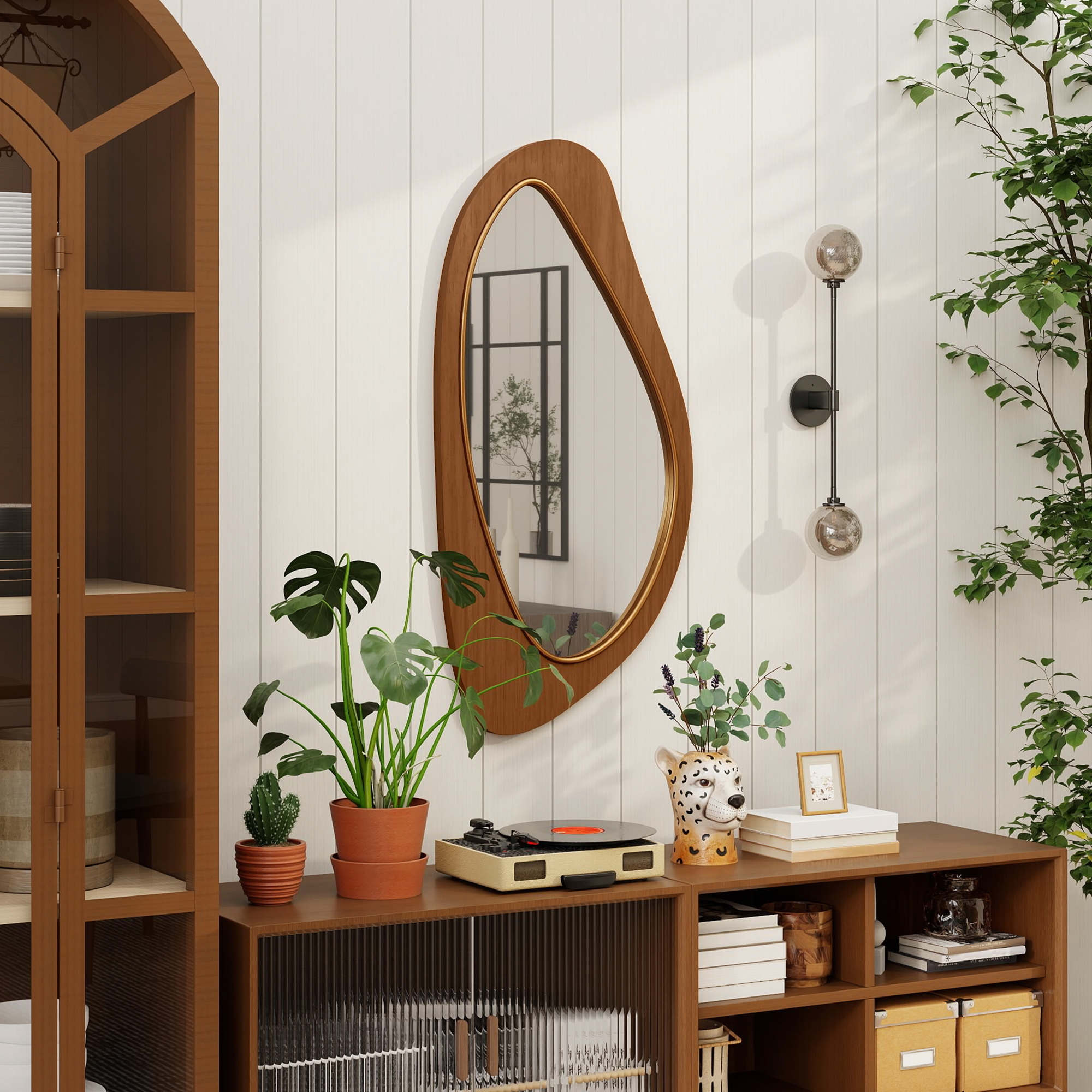 Wandspiegel Fenster Spiegel mit Kieferfurnierrahmen für Schlafzimmer Wohnzimmmer, 91,5 x 45 x 3 cm, Naturholz