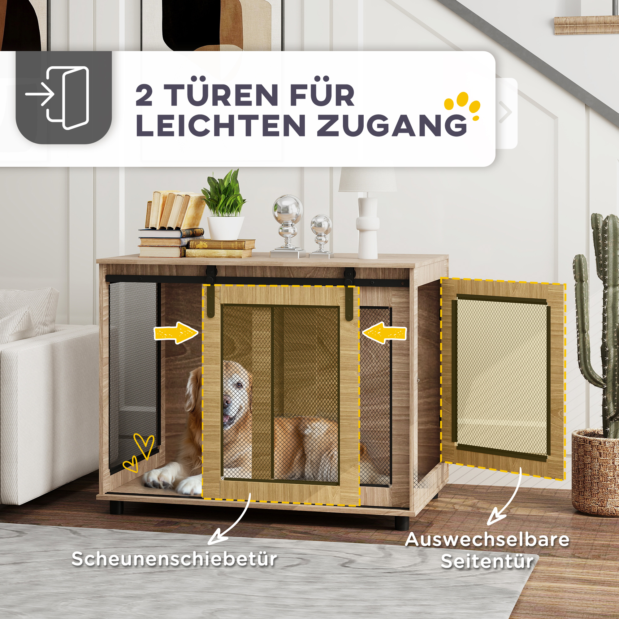 Hundebox, Transportbox für Hunde, Rückzugsbox für Haustiere, verschließbare Türen, 98 x 60 x 78 cm, Hellbraun