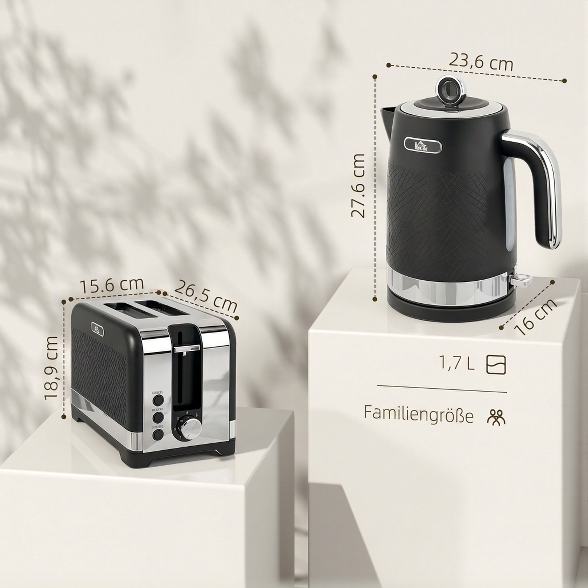 Wasserkocher- und Toaster-Set, 1,7 l 2200 W Schnellkoch-Wasserkocher mit Thermostat, 2-Scheiben-Toaster, Schwarz