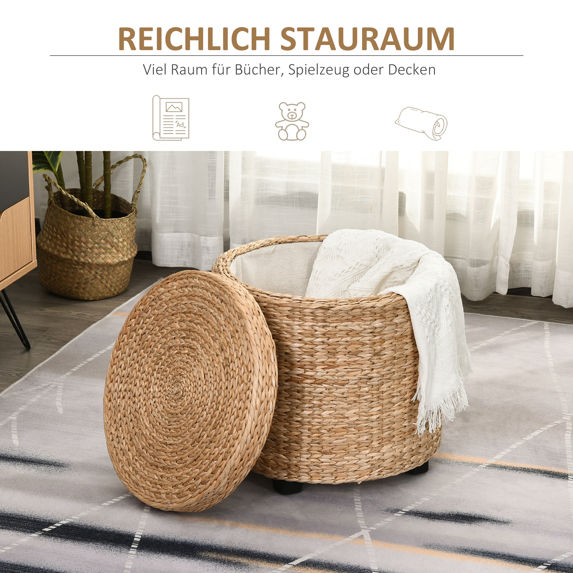 Sitzhocker mit Stauraum Hocker mit Deckel, Runder Fußhocker Sitzwürfel Aufbewahrungsbox Polsterhocker mit Beine, 43 x 43 x 43 cm Khaki