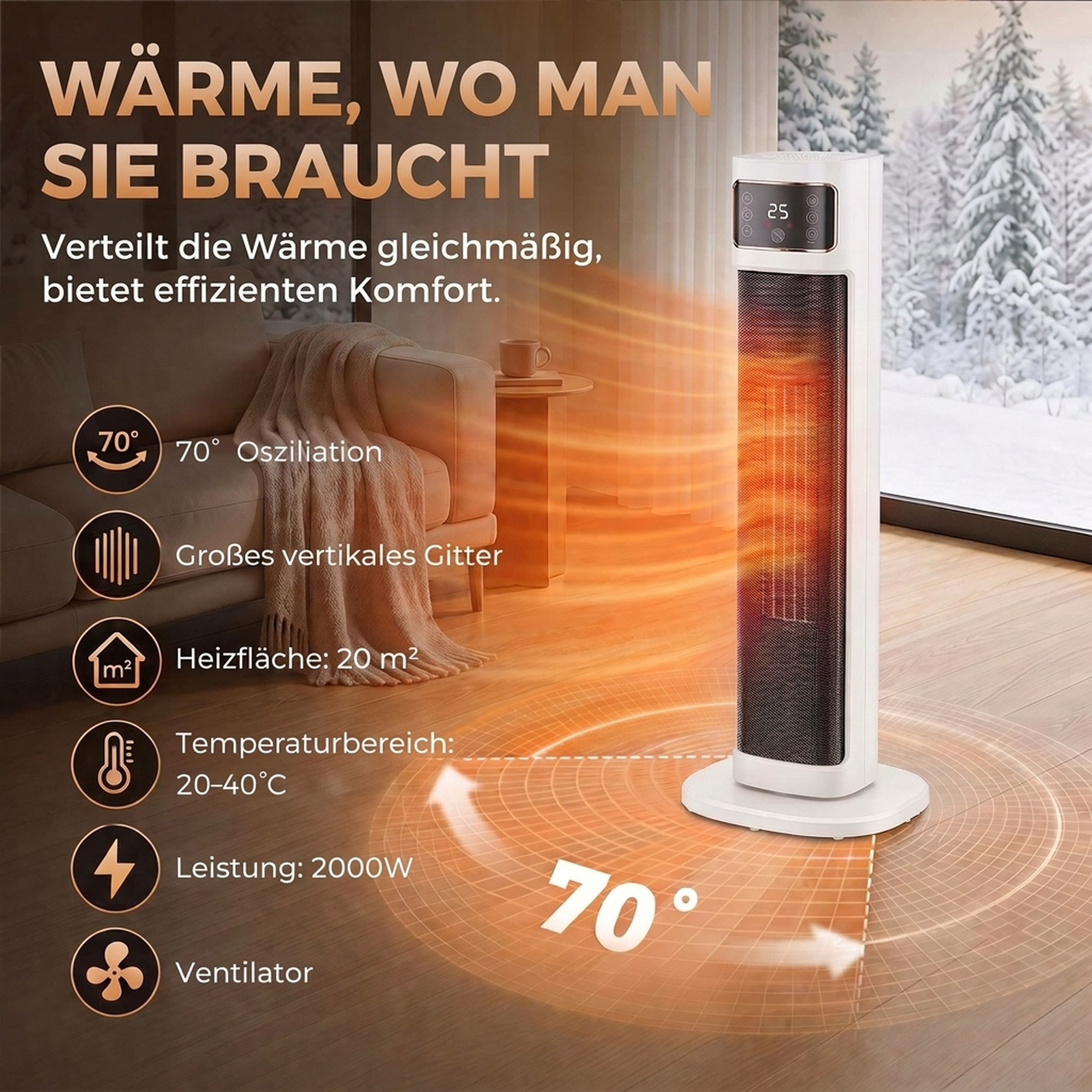 Keramik-Heizlüfter, 2.000 W, 4 Modi, Thermostat, Fernbedienung, energiesparend