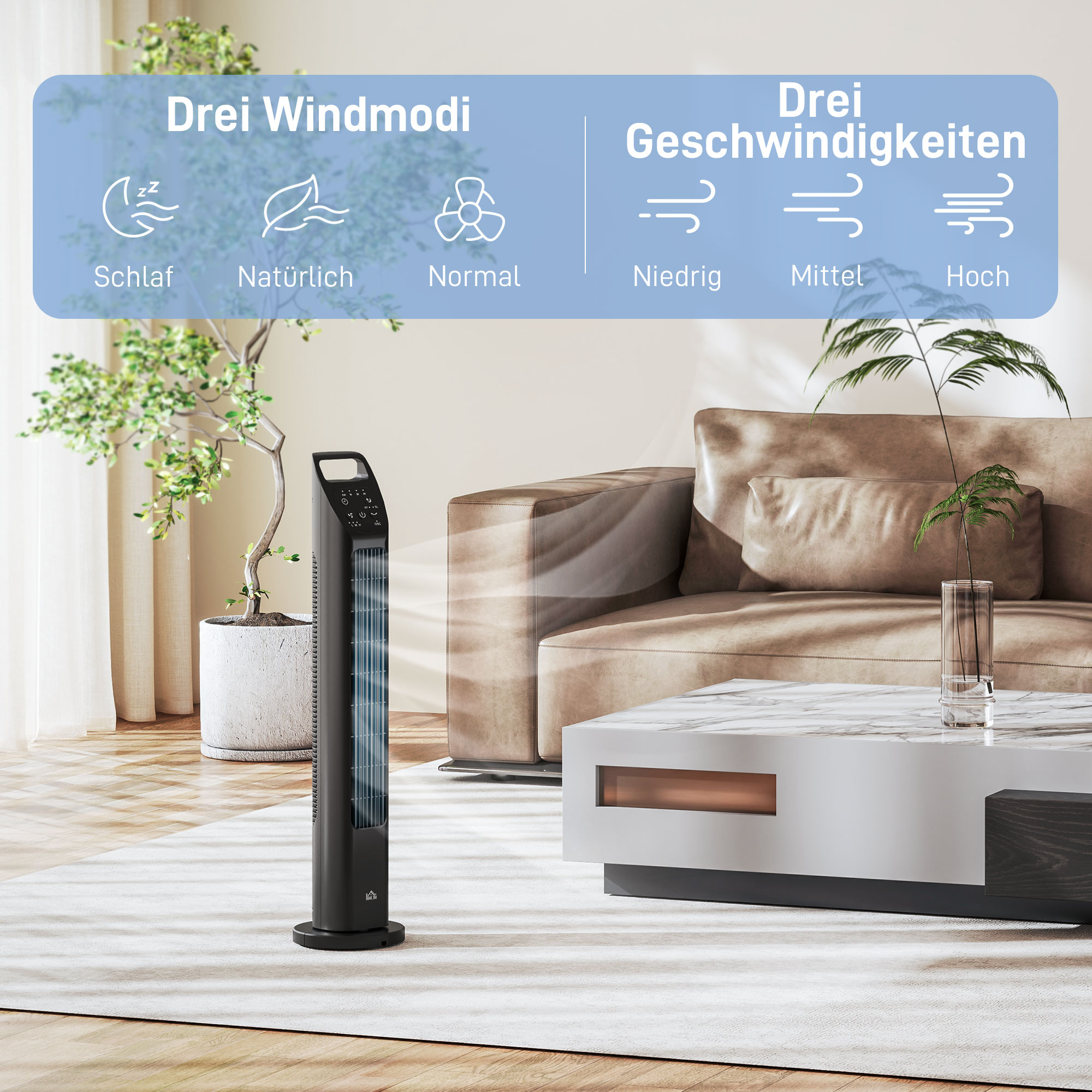 Standventilator, Turmventilator, Klimaanlage, 3 Modi, drehbar, Timer, Schwarz