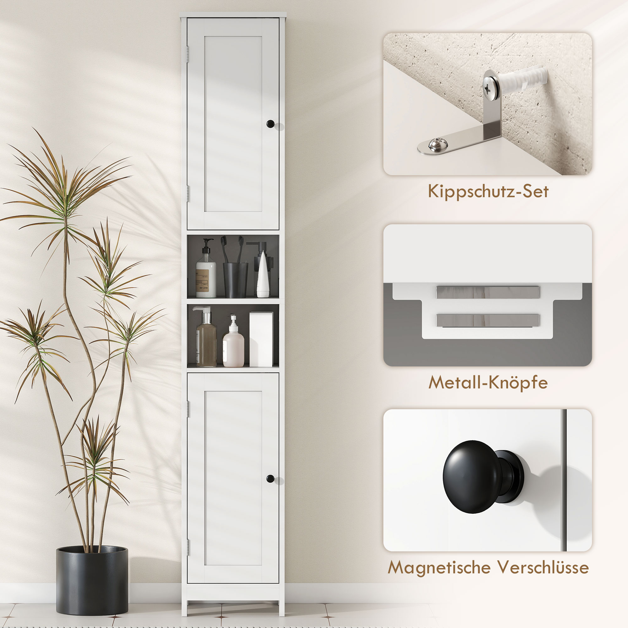 hoher schlanker Badezimmerschrank mit Türen, offene Regale, 30 x 30 x 170 cm, Weiß