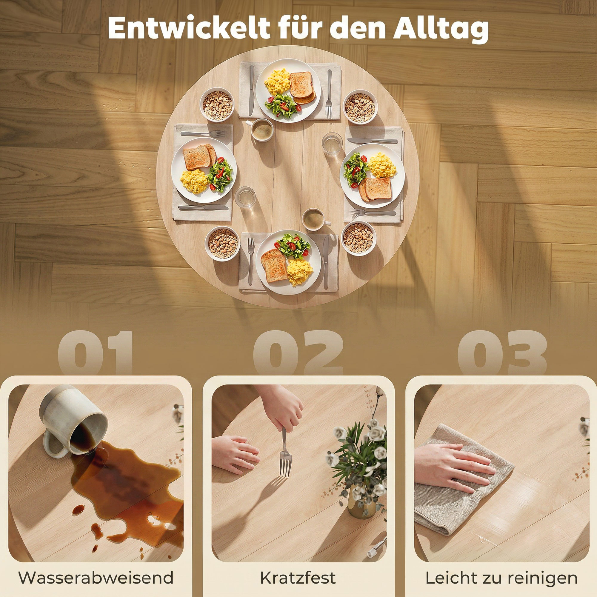 klappbarer Esstisch, 80 cm Runder Klapptisch mit Stahlrahmen, Platz für 2-4 Personen, Naturholz-Optik