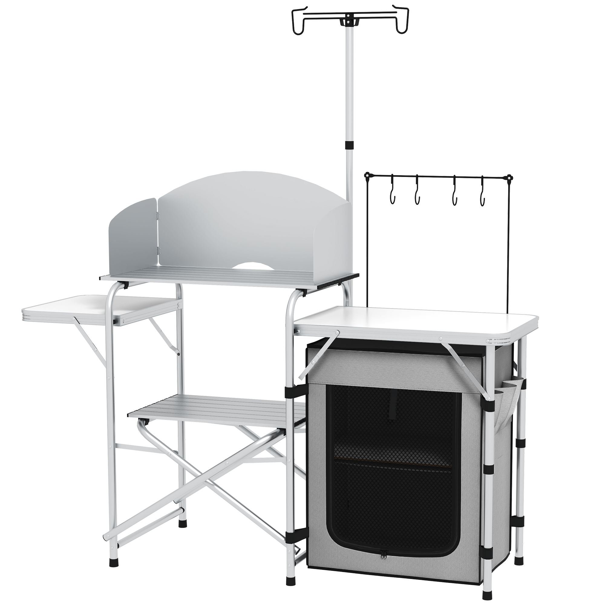 Campingküche, faltbar, 3 Arbeitsplatten, Windschutz, Stoffschrank, 144x48x119cm, Silber Campingküche, faltbar, 3 Arbeitsplatten, Windschutz, Stoffschrank, 144x48x119cm, Silber