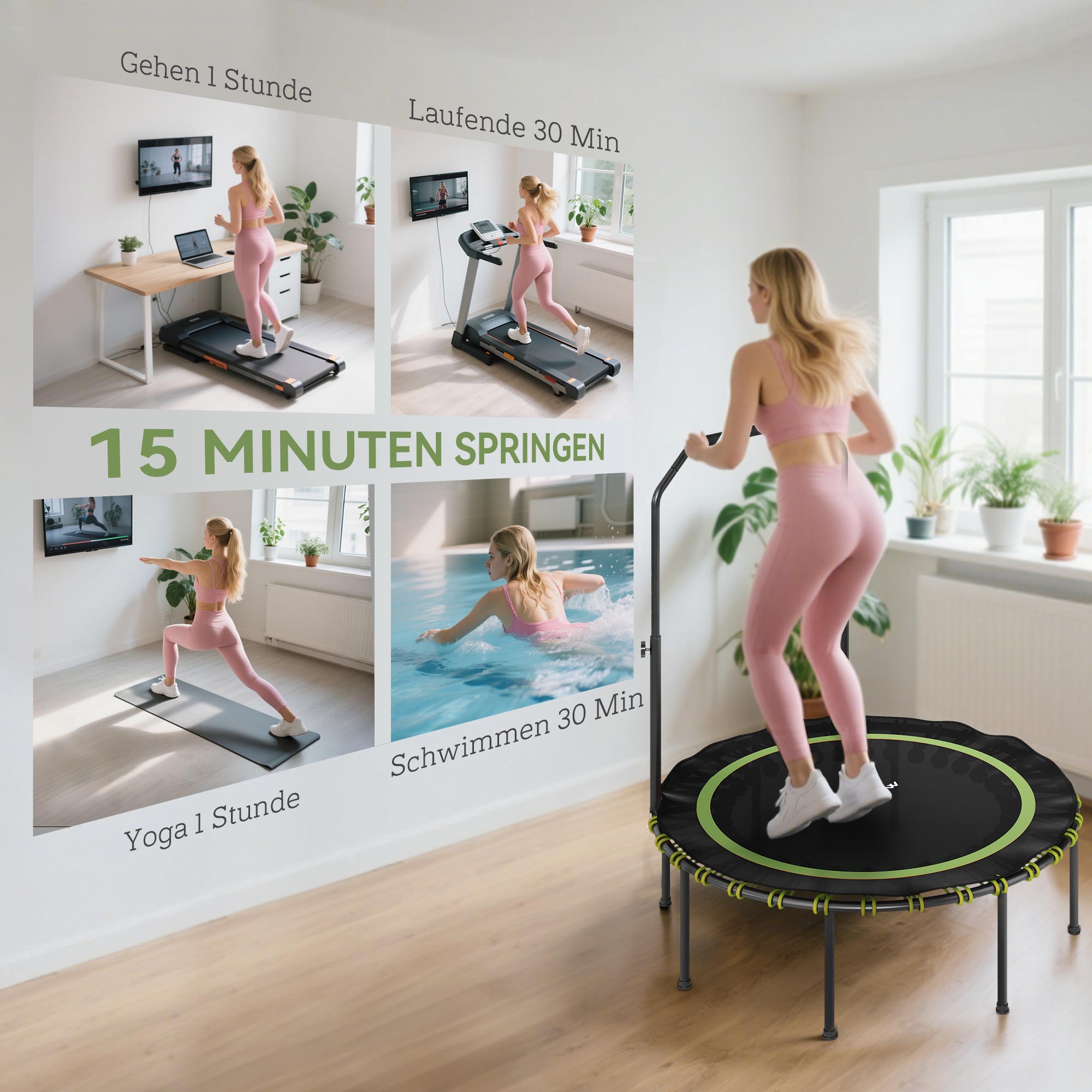 Fitness-Trampolin mit verstellbarem Handlauf, Sport-Trampolin für drinnen und draußen, Stahl, Kunststoff, Grün