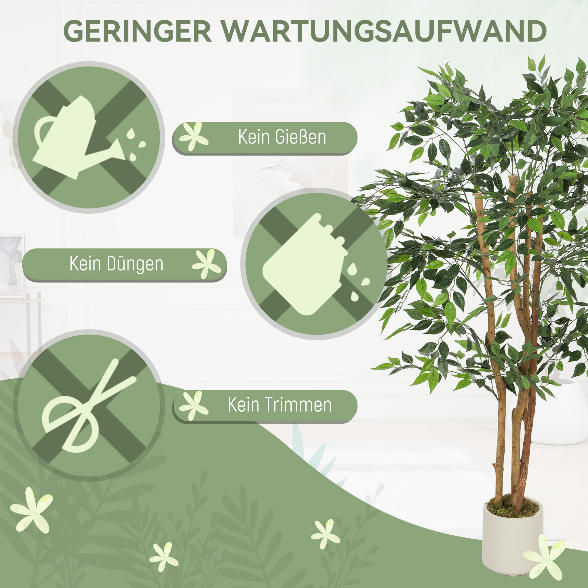Künstlicher Banyanbaum Kunstpflanze mit Massivholzstamm, Topf, für Wohnzimmer Schlafzimmer Büro 65 x 65 x 150 cm Grün