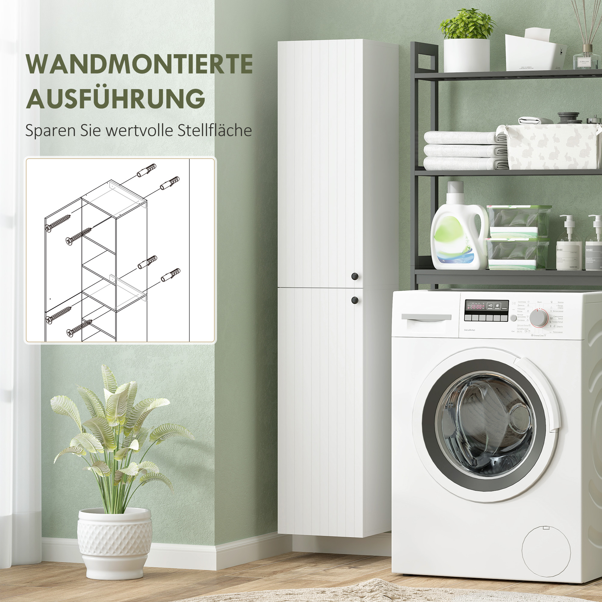 Wandmontierter Badezimmerschrank, lackierte Oberfläche, 6 Regale, MDF, Weiß