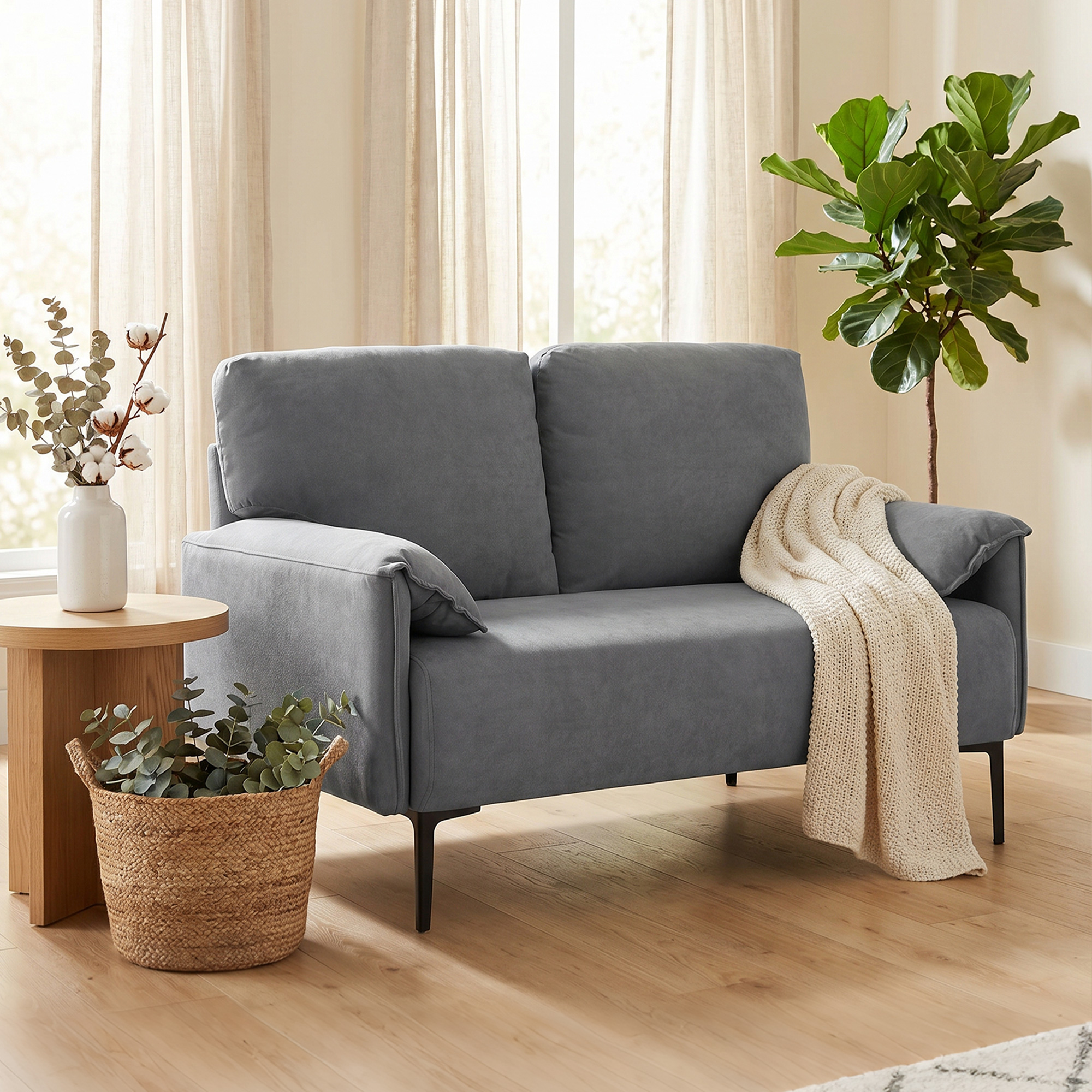 2-Sitzer-Sofa, dicke Kissen, samtiger Bezug, Polstersofa, Schwarz