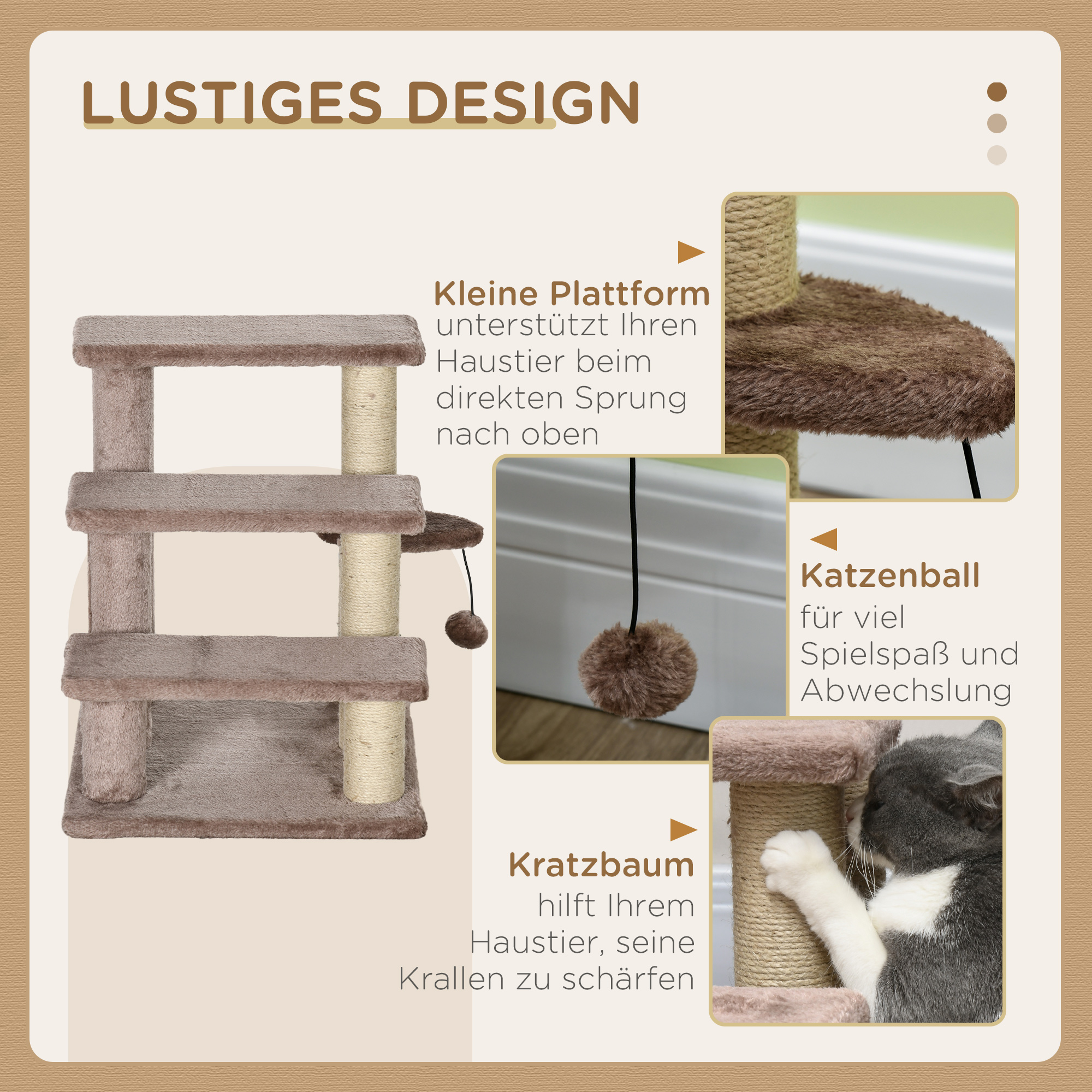 Kratzbaum, Haustiertreppe, 3 Stufen, Spielball, bis 5 kg, 45x40x48cm, Braun