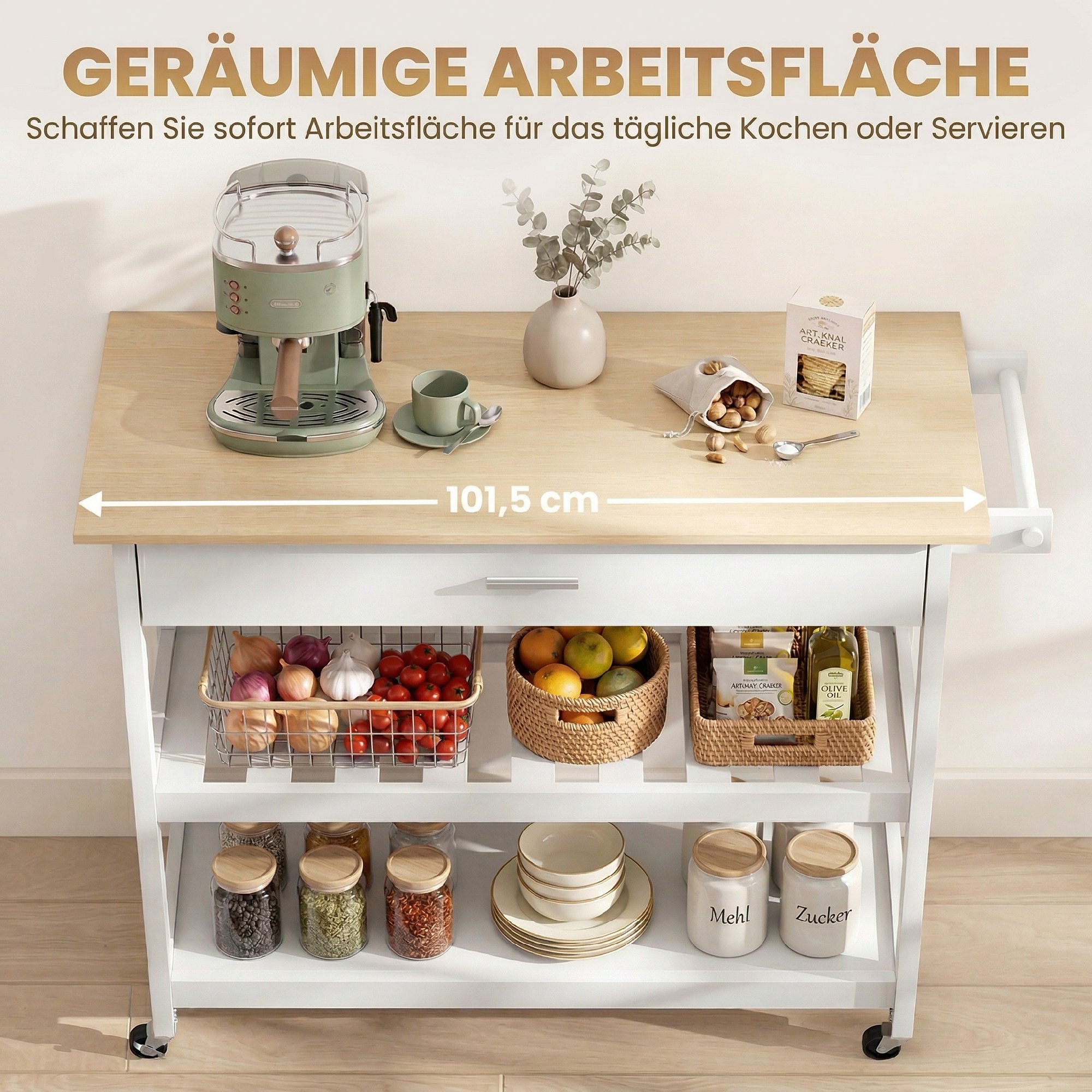 Küchenwagen mit Stauraum, Rollende Kücheninsel mit großer Arbeitsplatte, Schublade, 2 offenen Regalen, Handtuchhalter, Weiß