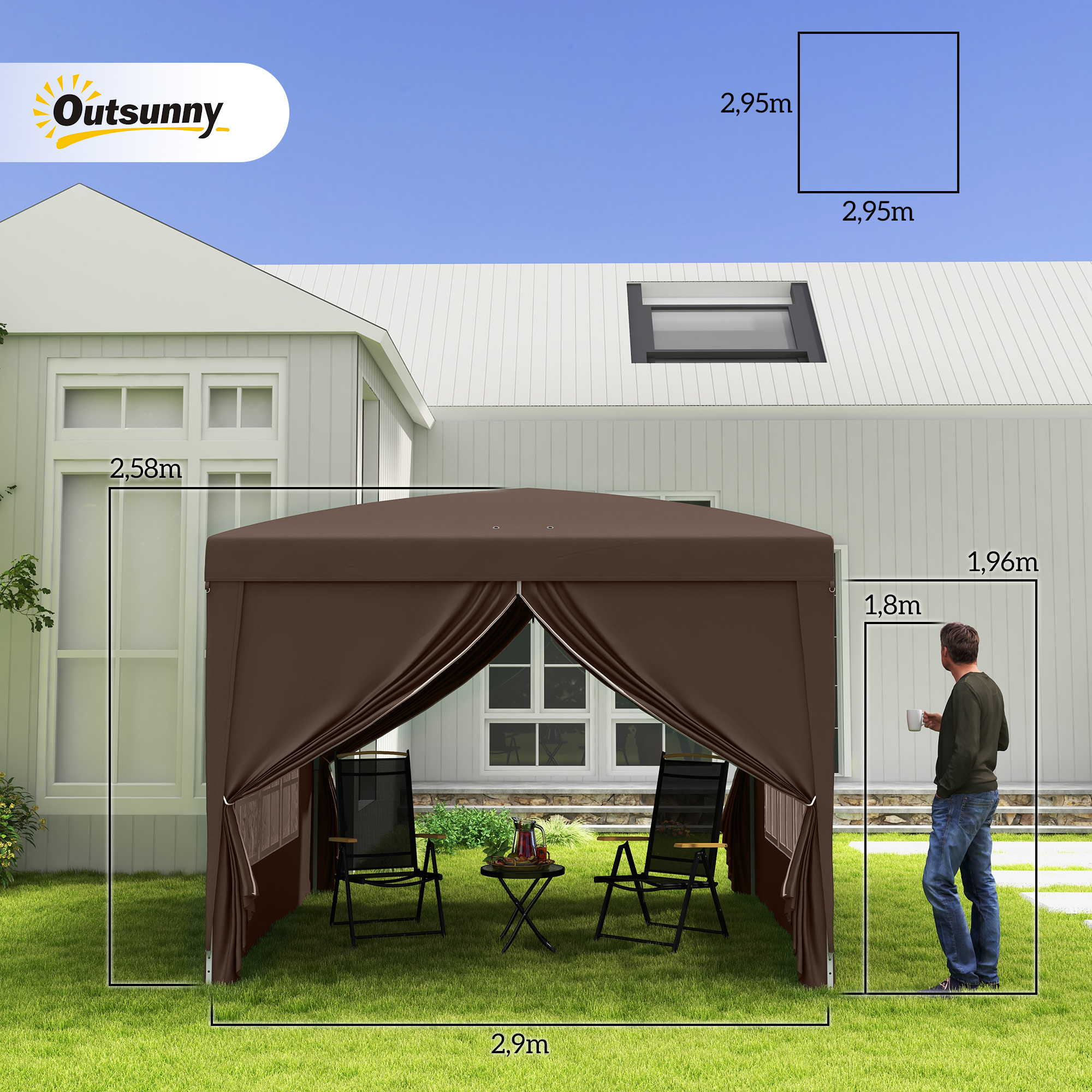 3 x 3 m Pavillon mit 4 Seitenwänden, Fenster, Festzelt mit UV-Schutz, Gartenzelt inkl. Tragetasche, Stahl, Kaffee