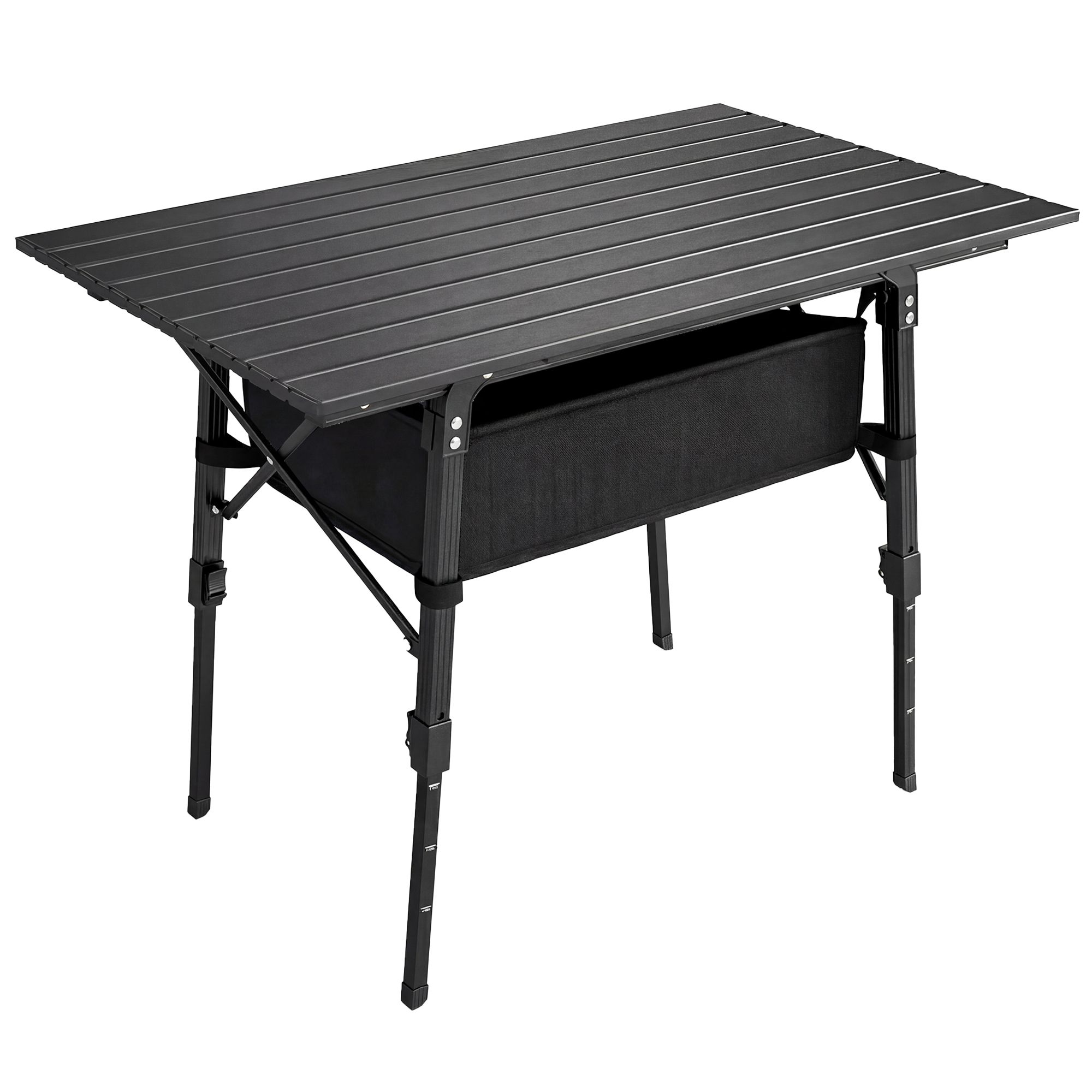 Campingtisch mit Aufbewahrungskorb, höhenverstellbar, faltbar, Aluminium, Schwarz