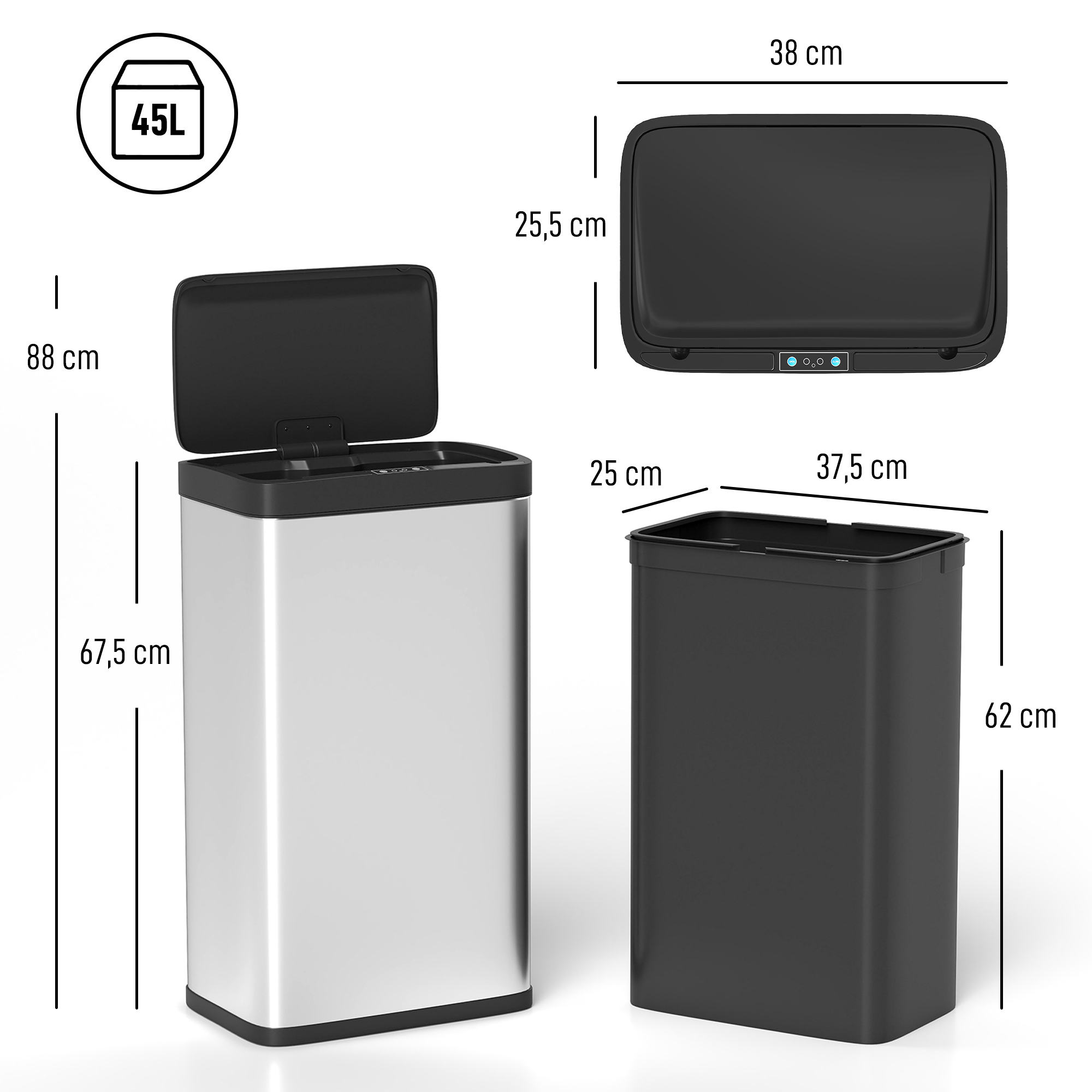 Sensor-Mülleimer, 45L Küchenmülleimer mit Soft-Close-Deckel, Bewegungssensor für Küche, Schlafzimmer, Büro, Silber
