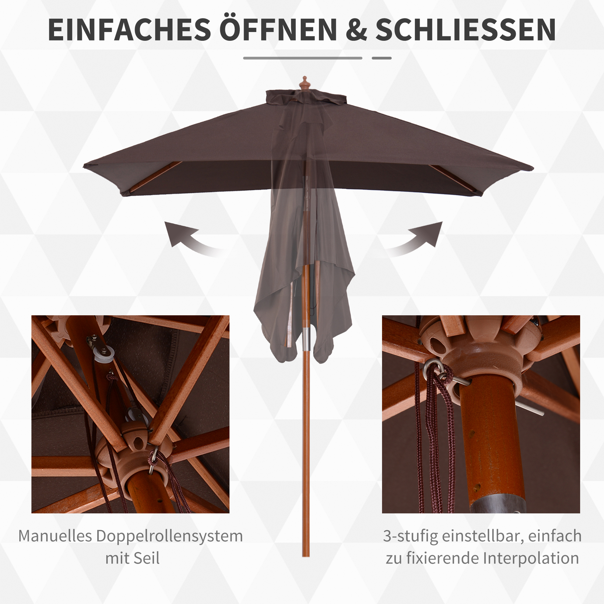 Sonnenschirm 200 x 150 x 235 cm Knickbarer Gartenschirm 3-stufig einstellbar rechteckig Strandschirm wasserabweisend und UV-beständig für Strand Balkon Terrasse Garten Kaffee