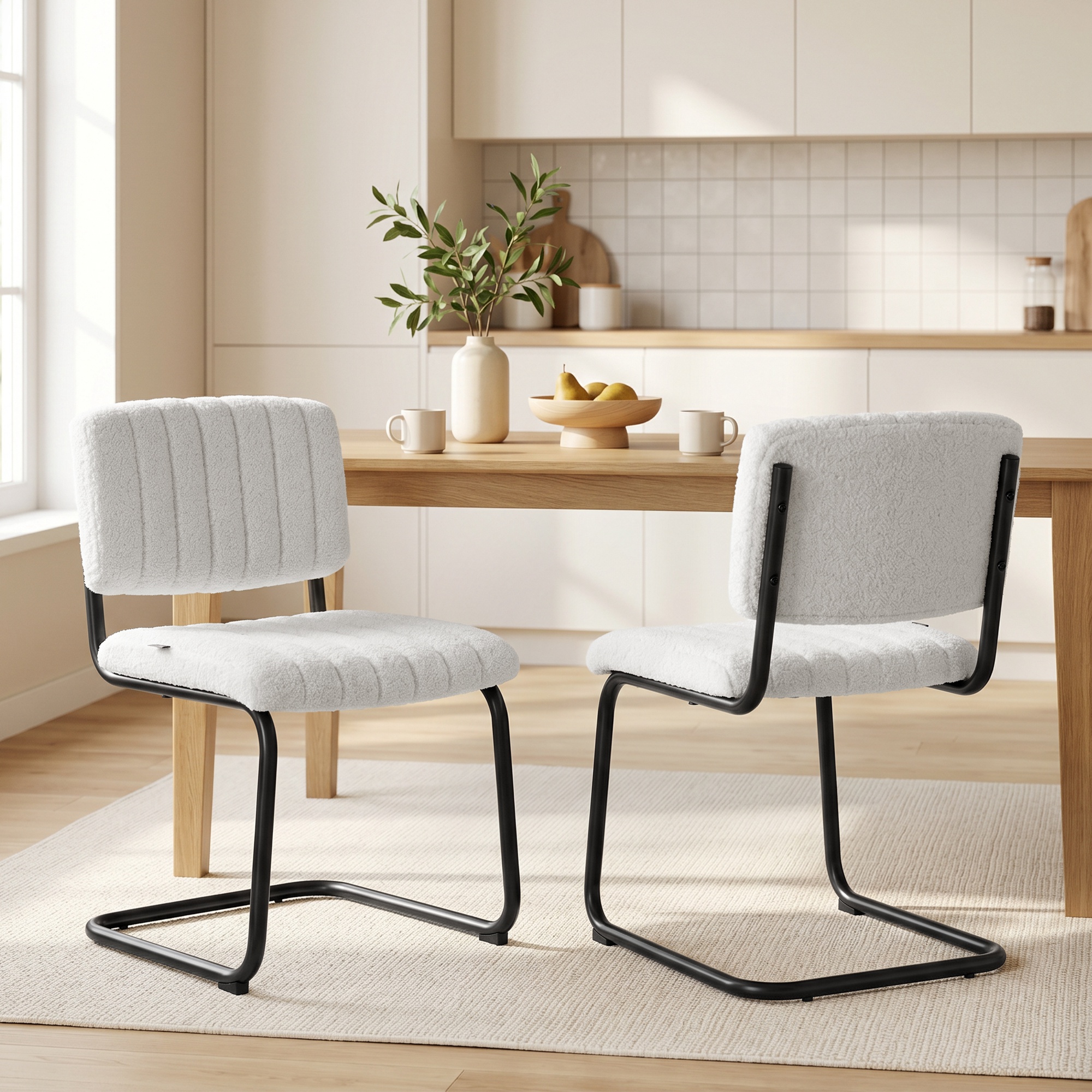 Esszimmerstühle 2er Set modern Freischwinger Stuhl mit hoher Rückenlehne, Teddyfleece-Optik für Küche, Esstisch Creme